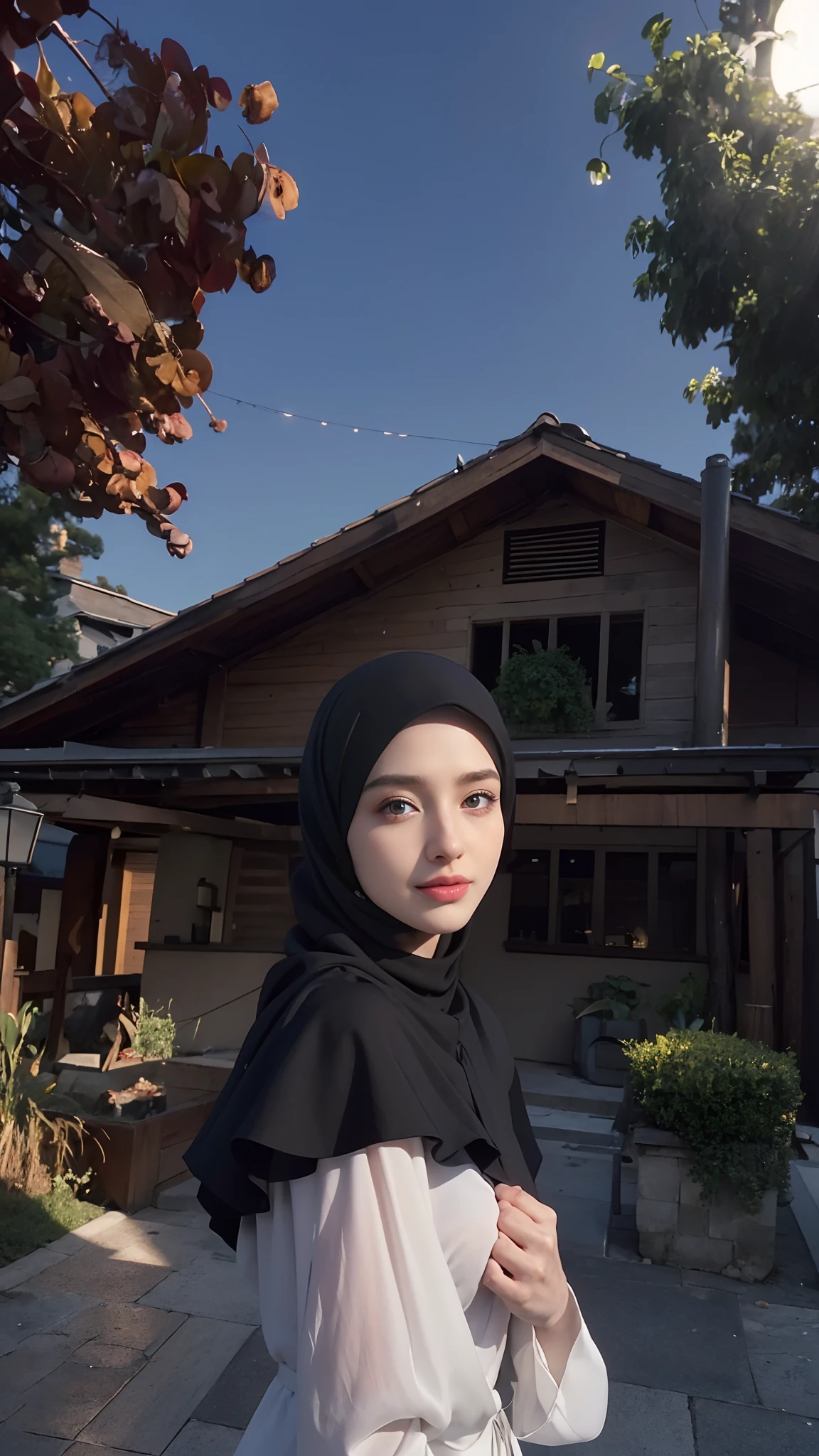 8K, Top Quality, Intricate Details, Ultra Detail, Ultra High Resolution, Masterpiece, random angle, Slender, Smile, (Makeup: 0.4), (Fluffy Blue Eyes: 1.21), blue Eyes, looking back, ((full body)), 1girl, solo, 1 girl, (( full body)), close up shot, , ((tall)), (((fit body))), (((slim face))), sharp face, sharp eyes, (((black hair, long hair, )) (detailed face), sharp face, small lips,
((hijab, Abaya)), detailed face, detailed breast, , large breast, detail ass, round ass , Beautiful girl with accentuated slender abs: 1.4, Six Pack Abs: 1.4, Bust Botox, Big, Perfect Body, detail leg, (( moonlight)), top of mountain