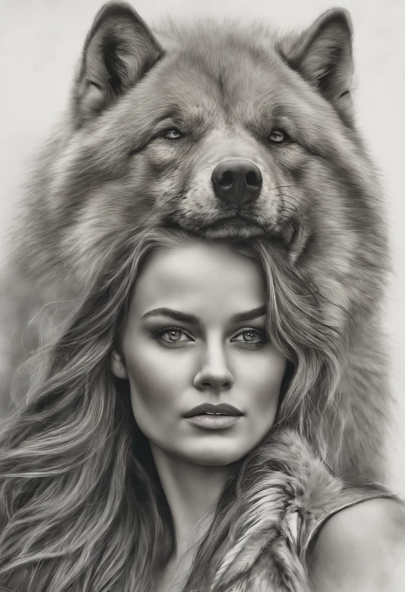 tattoo of a beautiful girl with a spartan warrior next to her, surrounded by wolves, micro realism, line art