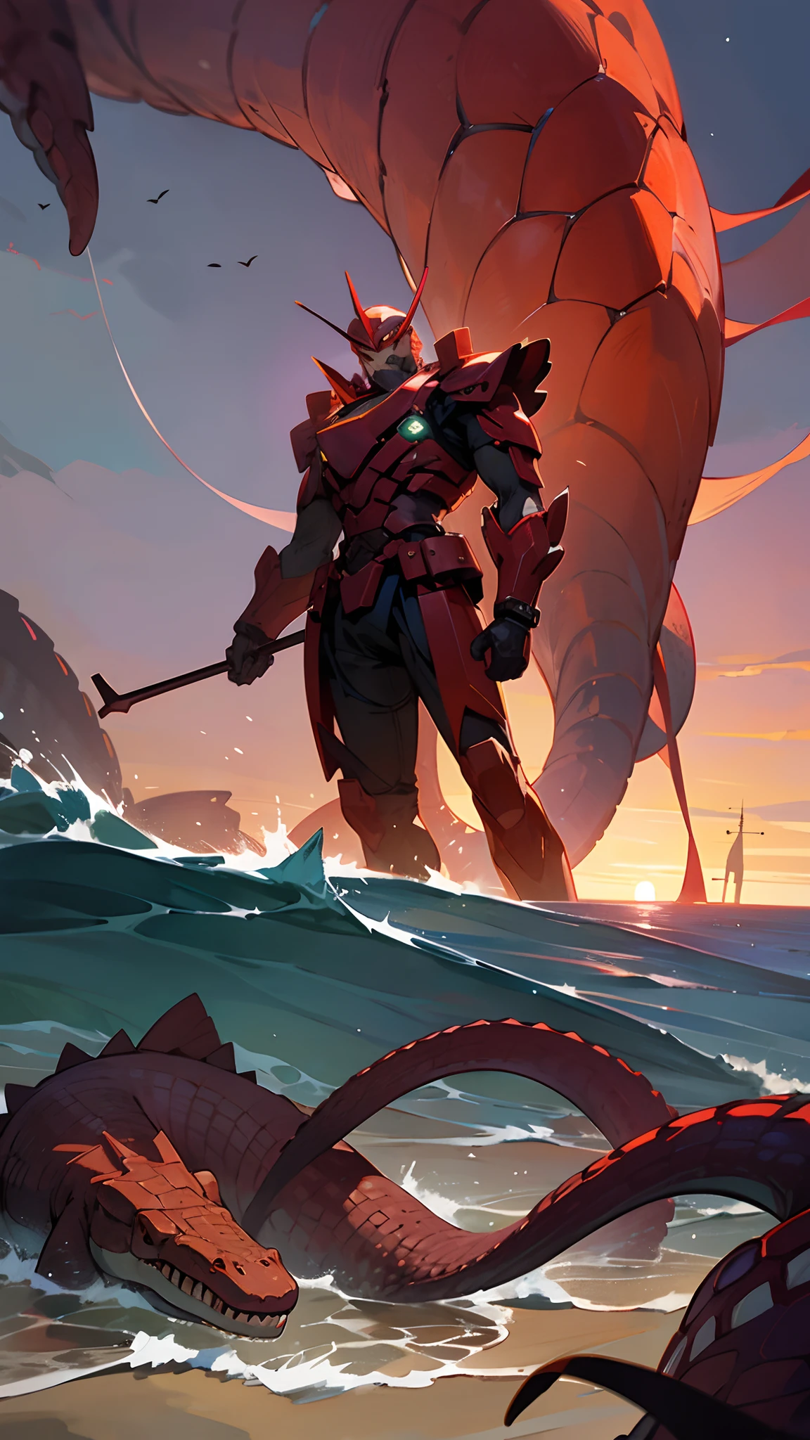 Under nightfall,A man,Wearing a red metal mech,standing at the beach,School of crocodiles in the sea,Snakes,And the big octopus,A large swarm of insects flies in the sky