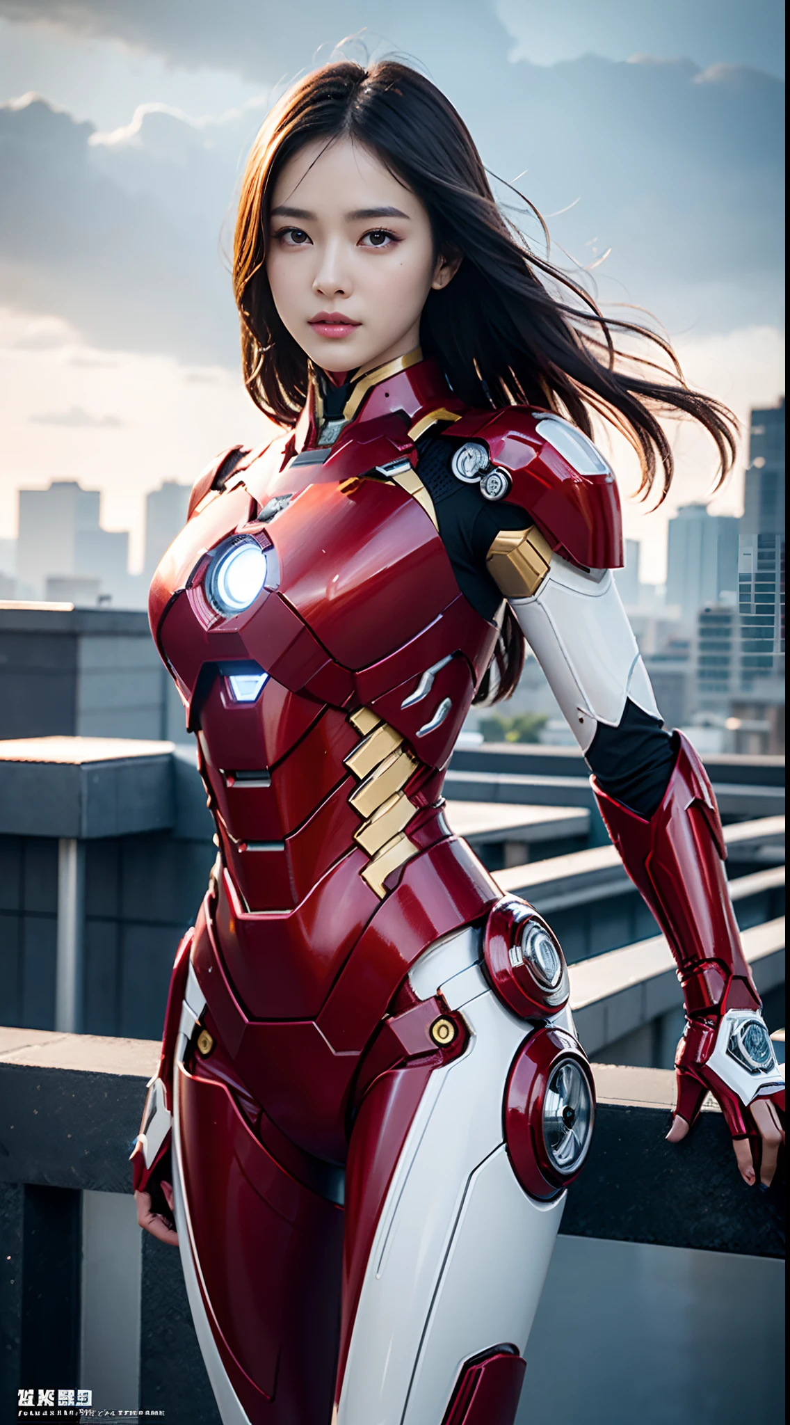 primitive, Masterpiece, super thin photo, Best quality, 超高分辨率, Photorealistic, raining day，Full body photo， Incredibly beautiful, Cowboy fighting pose, Delicate face,Vibrant eyes, (frontage), She wears an Iron Man mech, Black and red color scheme, Roof background, Highly detailed, Detailed face,  Gorgeous, Highly detailed skin, Realistic skin details, Visible pores， Sharp focus, volume fog, 8K  UHD, SLR camera, High quality, filmgrain, light-skinned, Photorealism, DL, On the roof of the future technology city，Huge