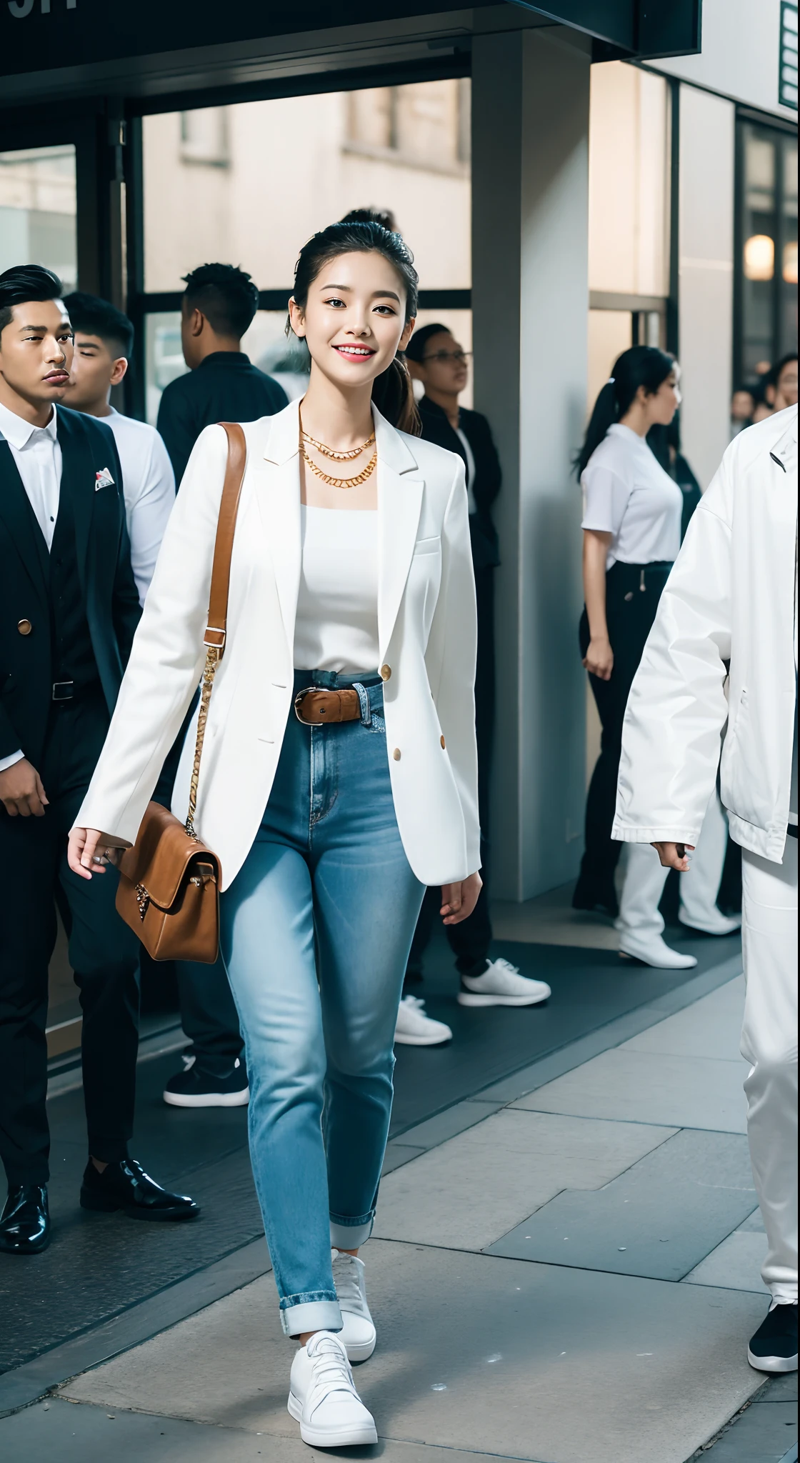 (8K分辨率,Full-body photos),(1womanl,age 22,((rosto magro,Flushed face,delicated face,详细的脸),Slightly squinted eyes,Seductive smile,(Single ponytail,Long hair micro-curls)),Fair smooth skin,(Best Skin Type:1.21),busty figure,((Bespoke slim suit,White shirt,No underwear,denim pant,Leather boots(High-grade materials,knitting,real silk,leathers),Thin band,Metal necklace,jewely),Tall and tall,(dancing posture,Naturally placed hands),delicate artwork,perfect hand,Ultra-fine clothing material),(Urban street background,Shuttling through the crowd,Exquisite setup details),(Professional lighting,Artistic lighting),((Dress neutrally,Material contrast,Fit contrast,Color contrast,Uniform tones,))),(Golden section,Cinema lenses,Hasselblad photograp,tmasterpiece:1.3),(advanced art,High-end streetwear,Official propaganda,Art platform)