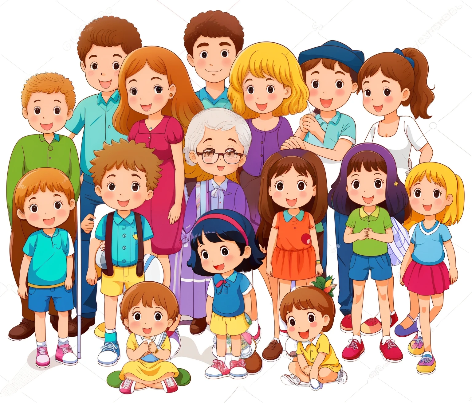 a large family with many children and adults, Happy family, grupos de humanos felizes, um grupo de pessoas, cartoon illustration, imagem dos desenhos animados, grupo de pessoas, grupos de pessoas, grupos de pessoas felizes, desenho animado infantil, family portrait, Family photo, retrato de corpo inteiro de um grupo, 1024x1024, imagem digital, Shutterstock