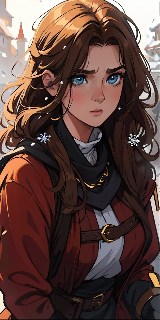 Uma bela mulher de olhos verdes e cabelos castanhos longo ondulado (brown hair) (Detailed strokes) Princess eyes Sexy curvy eyelashes A white background of snowflakes through the air Expressive drama with a sad look An art for an RPG A medieval art for an RPG