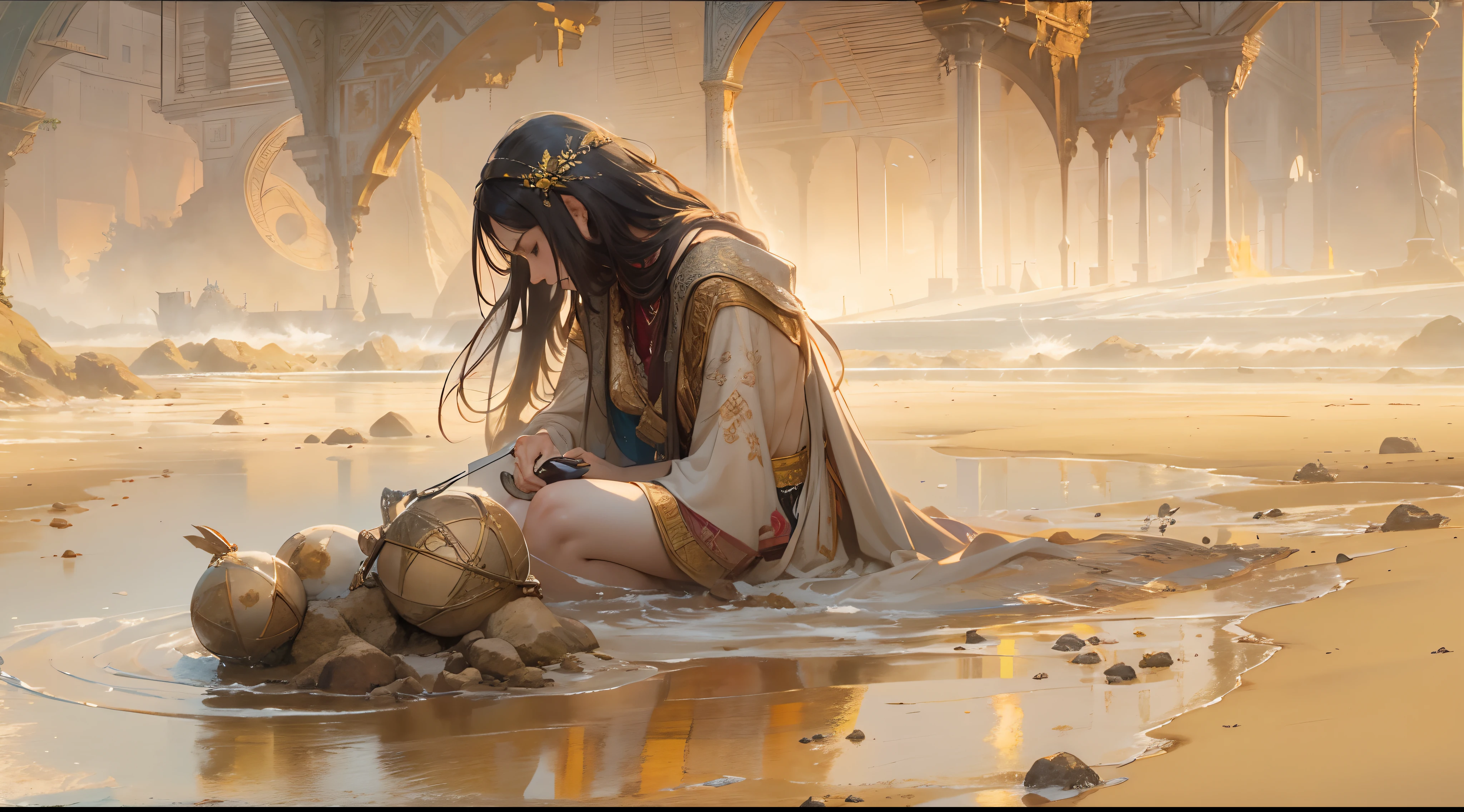"(by Greg Rutkowski: 1.2), (masterpiece), ((best quality)), extremely delicate and beautiful, illustration, (fantasy landscape), A mesmerizing fantasy landscape with enchanting elements blending seamlessly. ((Ogir-Yensa Sand Sea)), A sense of tranquility and wonder fills the air, inviting exploration and discovery. Providing a distant view that captures the grandeur and atmosphere. From Brian Froud and Carne Griffiths and Wadim Kashin and John William Waterhouse, 8K post-production, high resolution, hyperdetailed, depth of field, HDR, intricate"
