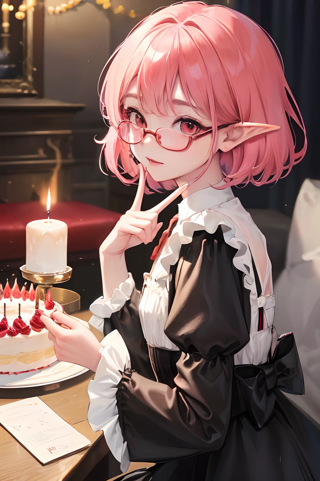 masterpiece、top-quality、Ultra Detail、, 1girl in,1boy,beautiful lighting、1girl with、3age、A girl child、A lovely child、Gothic Lolita Dress、、Red glasses(((Red glasses)))、little blush、Young Face、Small children、girl with、kawaii、(shiny lip:1.1)、(beautidful eyes:1.1)、Wonderful mouth closed hair、short-hair、bob cuts、Pink hair、Red glasses、Pink eyes、elf-ears、Well-formed face、tiny chest、Smiling a little、masutepiece、Best Quality、High resolution、Cowboy Shot、From Side、Pale skin in color looking at the viewer、Curve、Blunt bangs、lightsmile、Fingernails、Birthday、livingroom、Birthday Cake、Stick out the lips to blow out the candle fire、Blowing on a candle、Present Box、