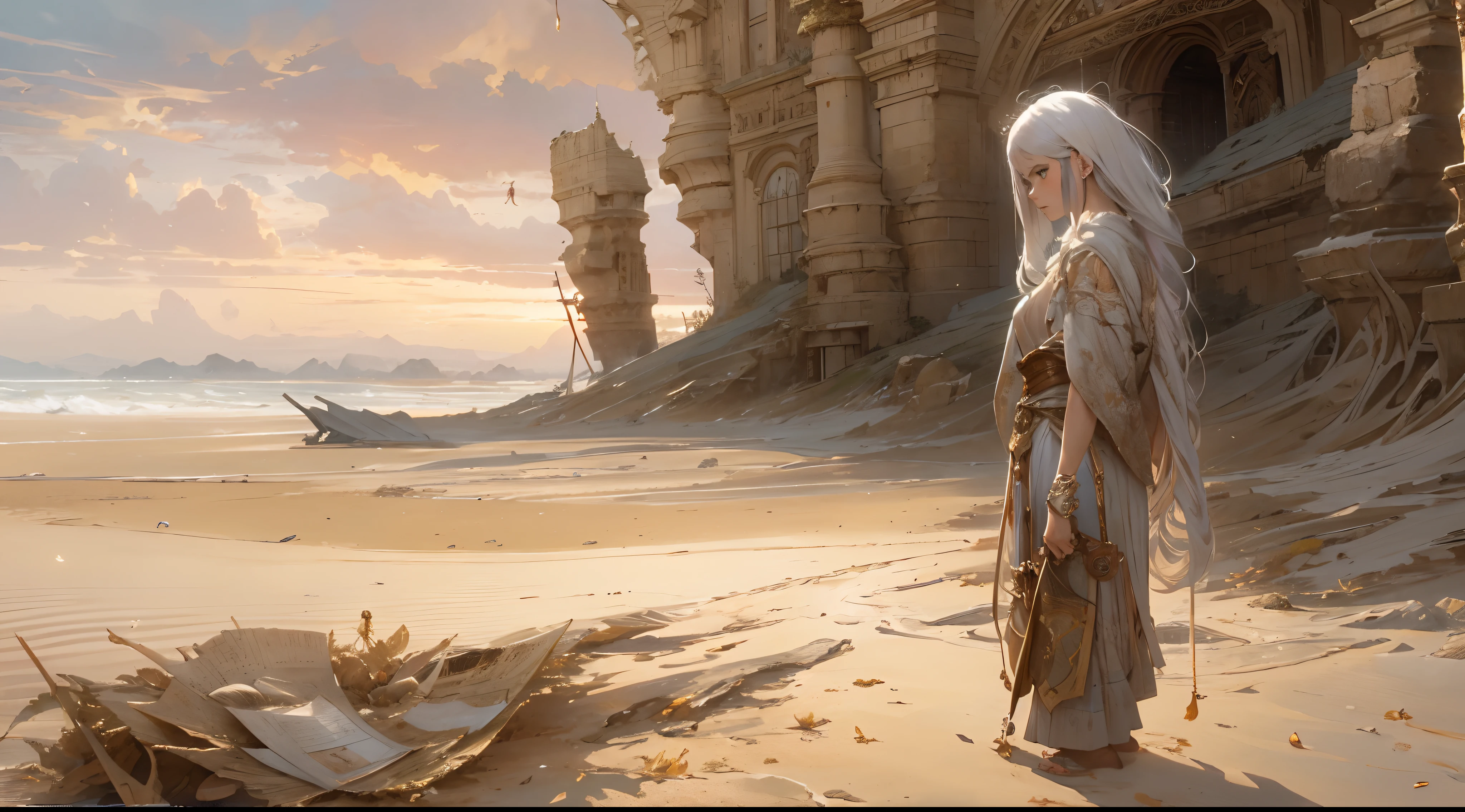 "(by Greg Rutkowski: 1.2), (masterpiece), ((best quality)), extremely delicate and beautiful, illustration, (fantasy landscape), A mesmerizing fantasy landscape with enchanting elements blending seamlessly. ((Ogir-Yensa Sand Sea)), A sense of tranquility and wonder fills the air, inviting exploration and discovery. Providing a distant view that captures the grandeur and atmosphere. From Brian Froud and Carne Griffiths and Wadim Kashin and John William Waterhouse, 8K post-production, high resolution, hyperdetailed, depth of field, HDR, intricate"