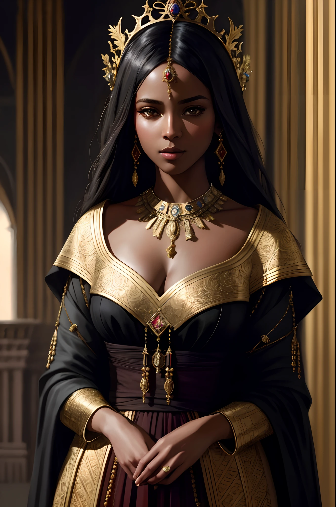 modelshoot style, (extremely detailed CG unity 8k wallpaper), full shot body photo of the most beautiful artwork in the world, medieval queen, red vale, dark skin, black woman, golden crown, diamonds, medieval architecture, professional majestic oil painting by Ed Blinkey, Atey Ghailan, Studio Ghibli, by Jeremy Mann, Greg Manchess, Antonio Moro, trending on ArtStation, trending on CGSociety, Intricate, High Detail, Sharp focus, dramatic, photorealistic painting art by midjourney and greg rutkowski