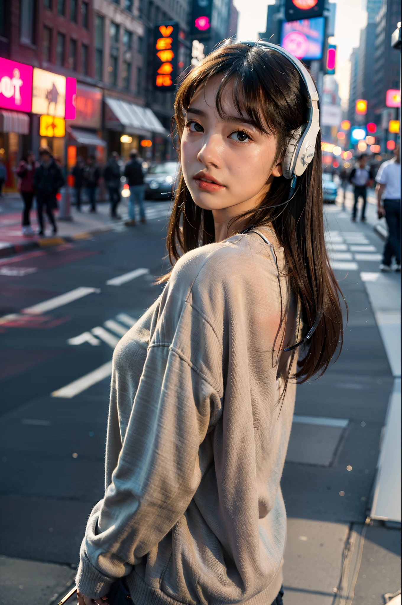 1girl in,Streets of New York,Soft light、The face remains a model、Street attire、Put on headphones、Solo Shot、model shot
