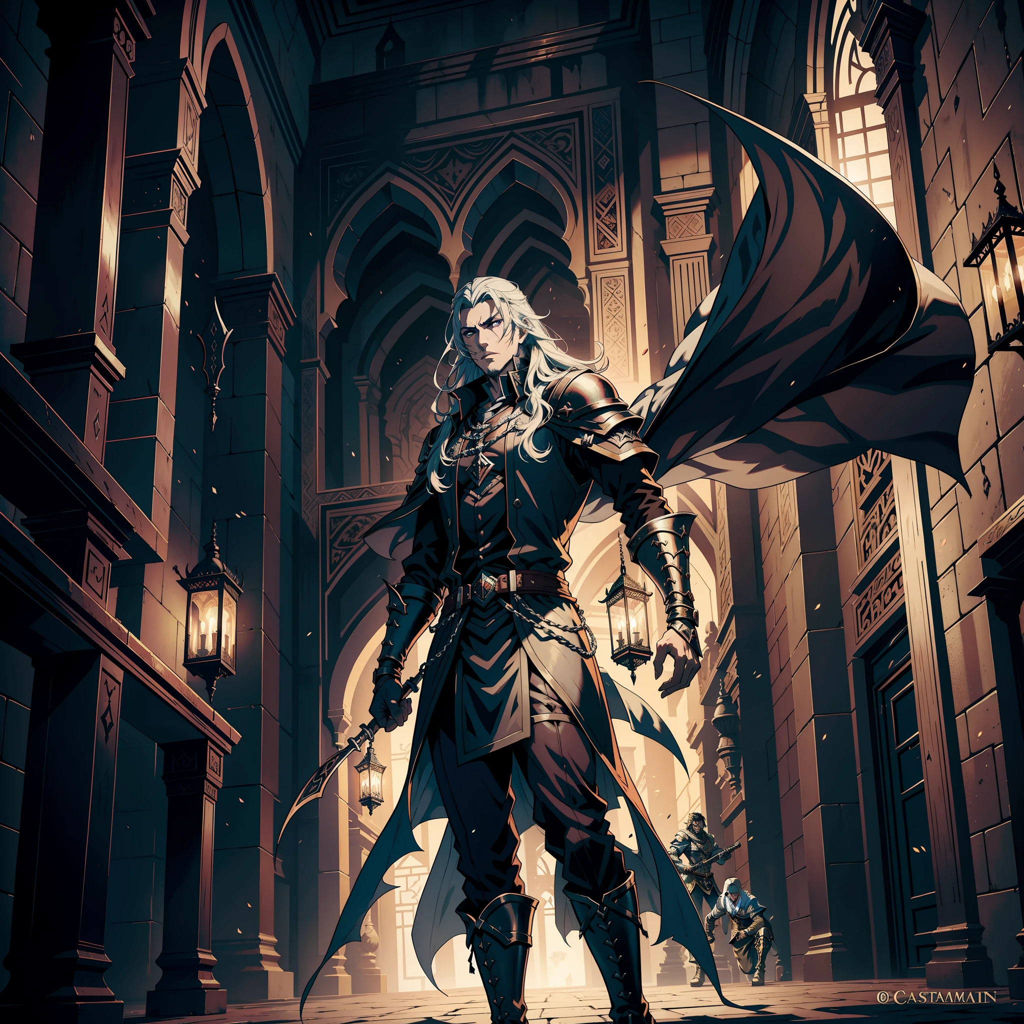 Castlevania Lord of the Shadows hyper realistic super detailed Dynamic cinematic scenes of hyper realistic men in combat Moroccan faces battle atmosphere super detailed Wearing a Moroccan Islamic environment
