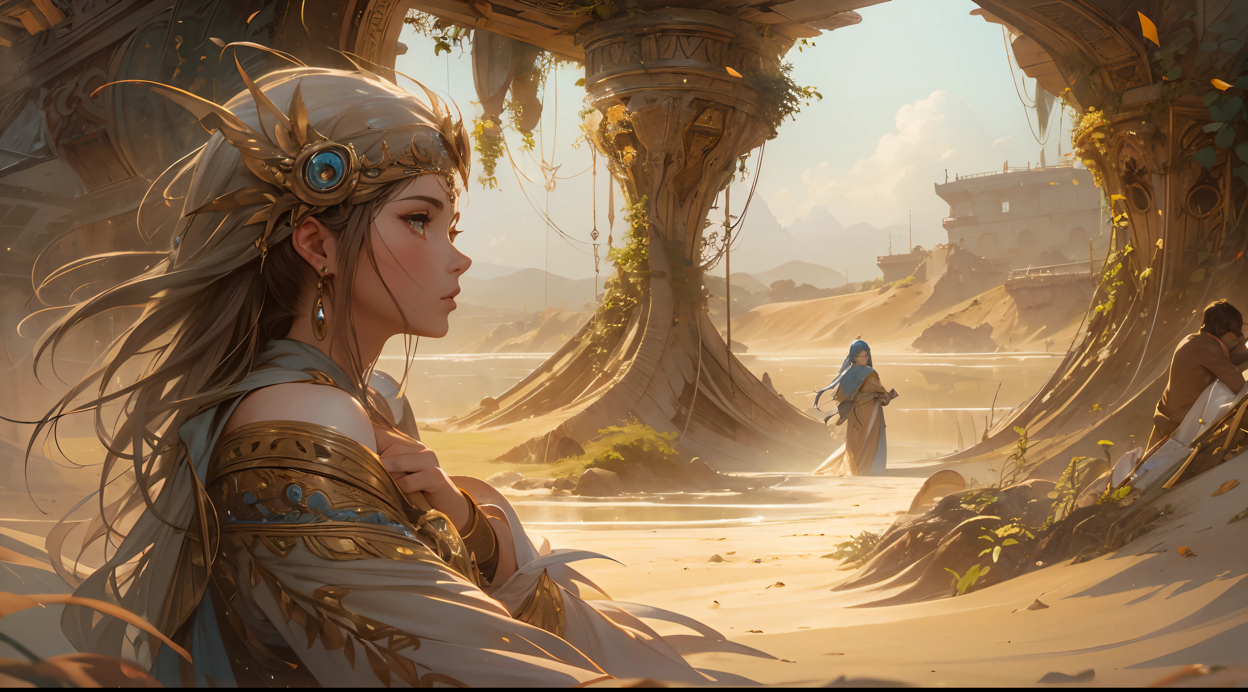 "(by Greg Rutkowski: 1.2), (masterpiece), ((best quality)), extremely delicate and beautiful, illustration, (fantasy landscape), A mesmerizing fantasy landscape with enchanting elements blending seamlessly. ((Ogir-Yensa Sand Sea)), A sense of tranquility and wonder fills the air, inviting exploration and discovery. Providing a distant view that captures the grandeur and atmosphere. From Brian Froud and Carne Griffiths and Wadim Kashin and John William Waterhouse, 8K post-production, high resolution, hyperdetailed, depth of field, HDR, intricate"