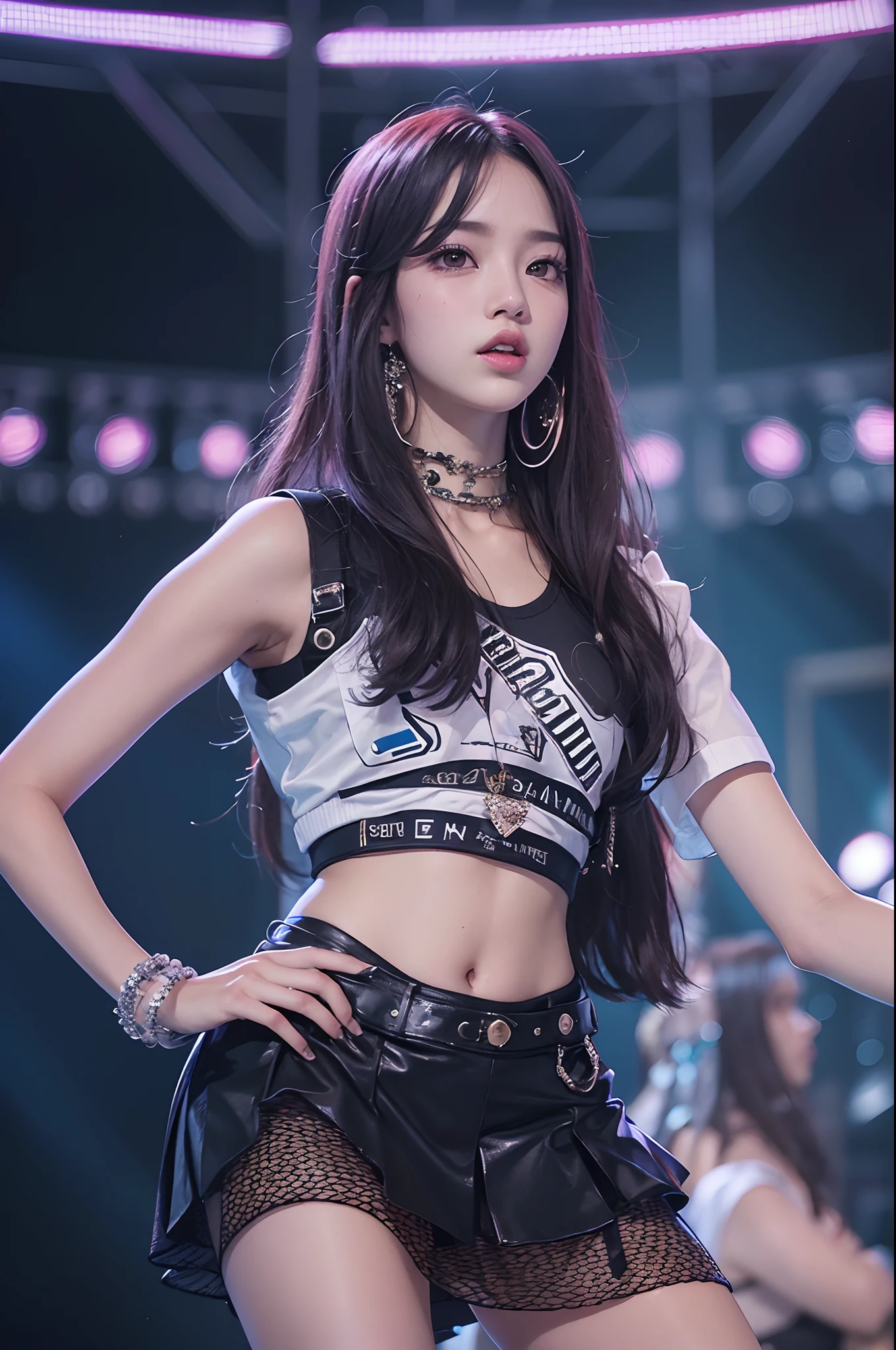 Masterpiece, top image quality, high resolution, solo presentation, busty, slender figure, Blackpink Lisa with long purple hair, donning a space helmet, revealing bare shoulders under a white tank top, clad in long black pants, and draped in a long purple jacket, beaming with a joyful expression, full body portrait captured in radiant detail.