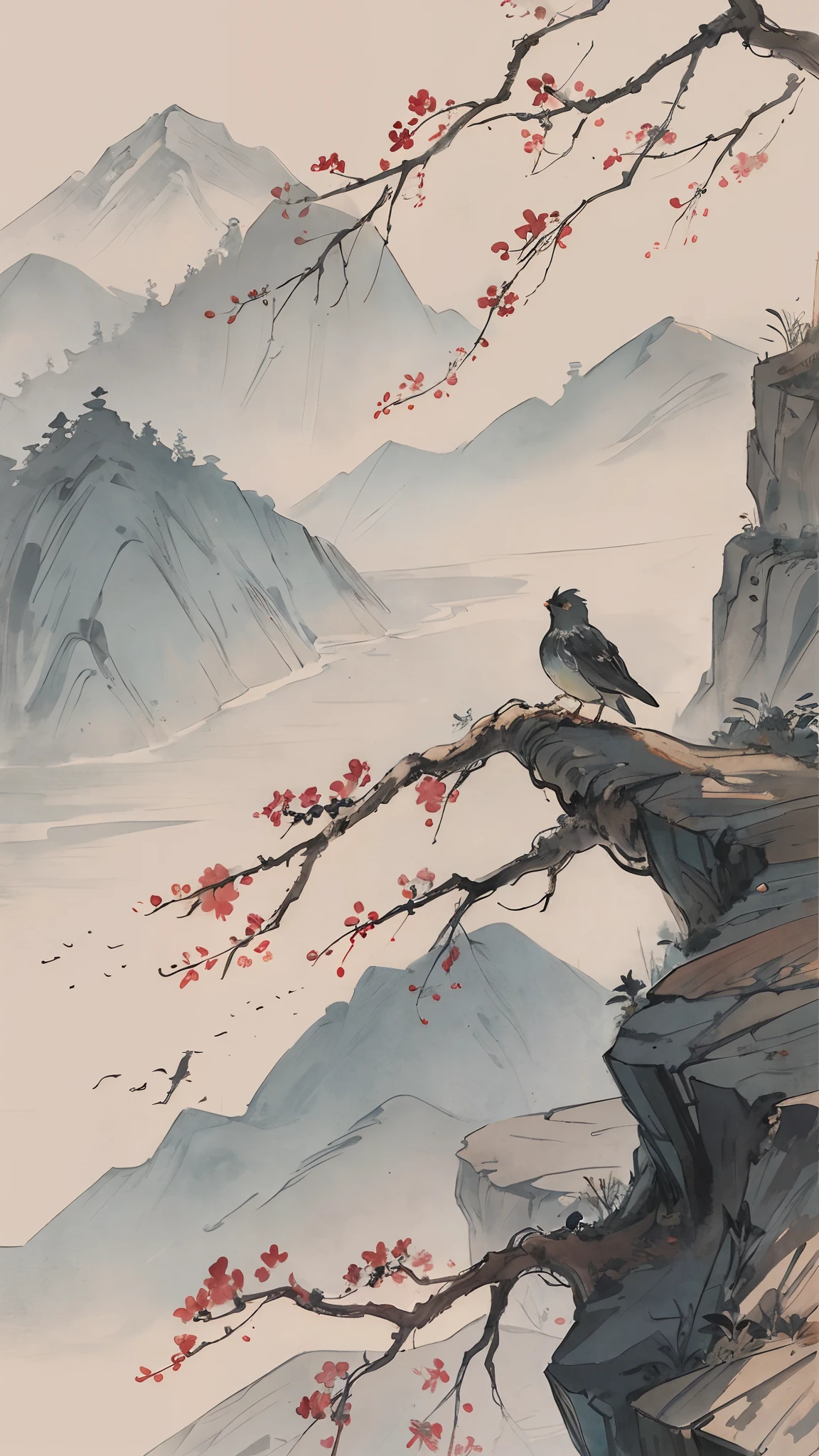 "(picture quality is high+1.5)Two little birds，Falls on a branch，k hd，Scenery and birds account for relatively small，Chinese landscape，Traditional Chinese watercolor，Traditional Chinese painting，China ink painting，peaceful scenery。"