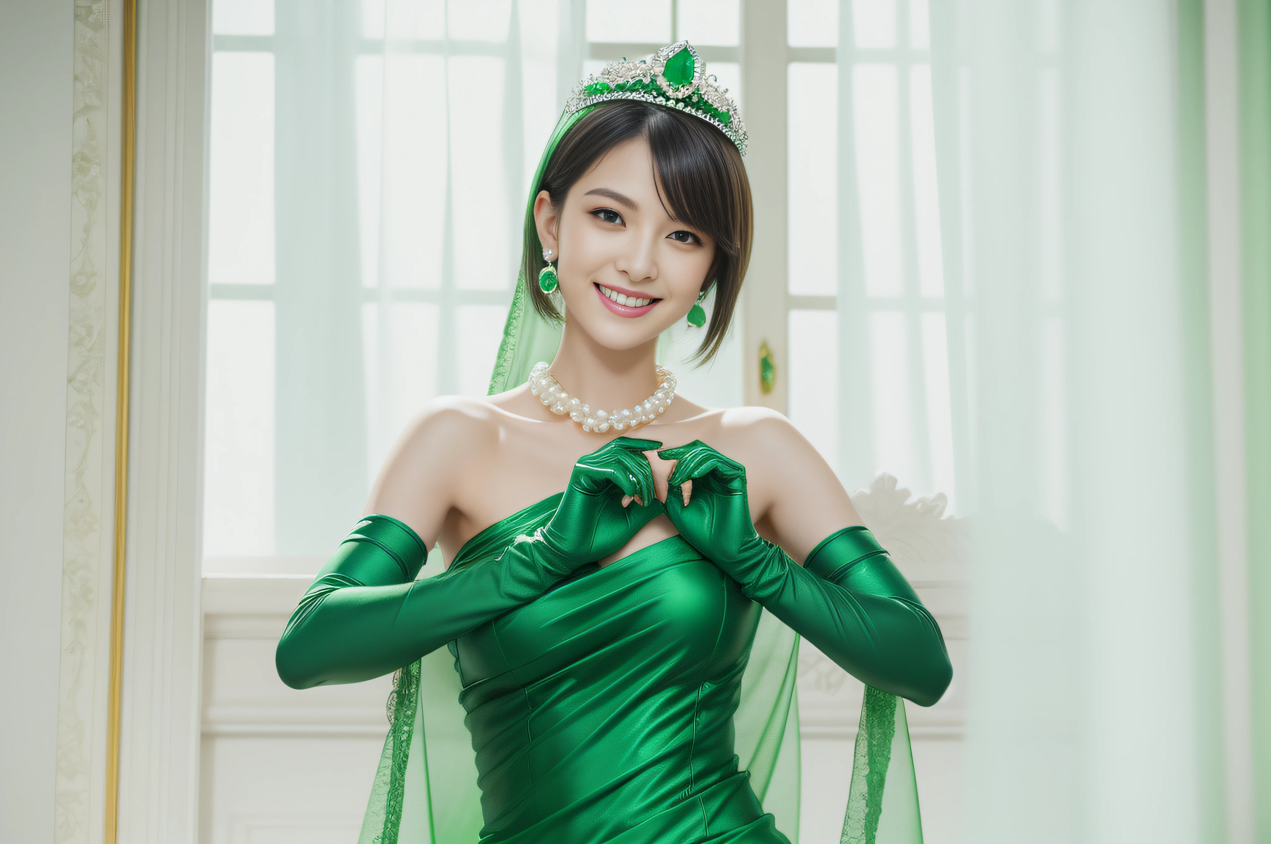 emerald tiara, Green Pearl Necklace, Boyish very short green hair, lipsticks, Japan woman smiling, very short short hair, big breasts beautiful, Green eyes, Long green gloves made of satin material, Green eyes, Emerald Earrings, Green dress