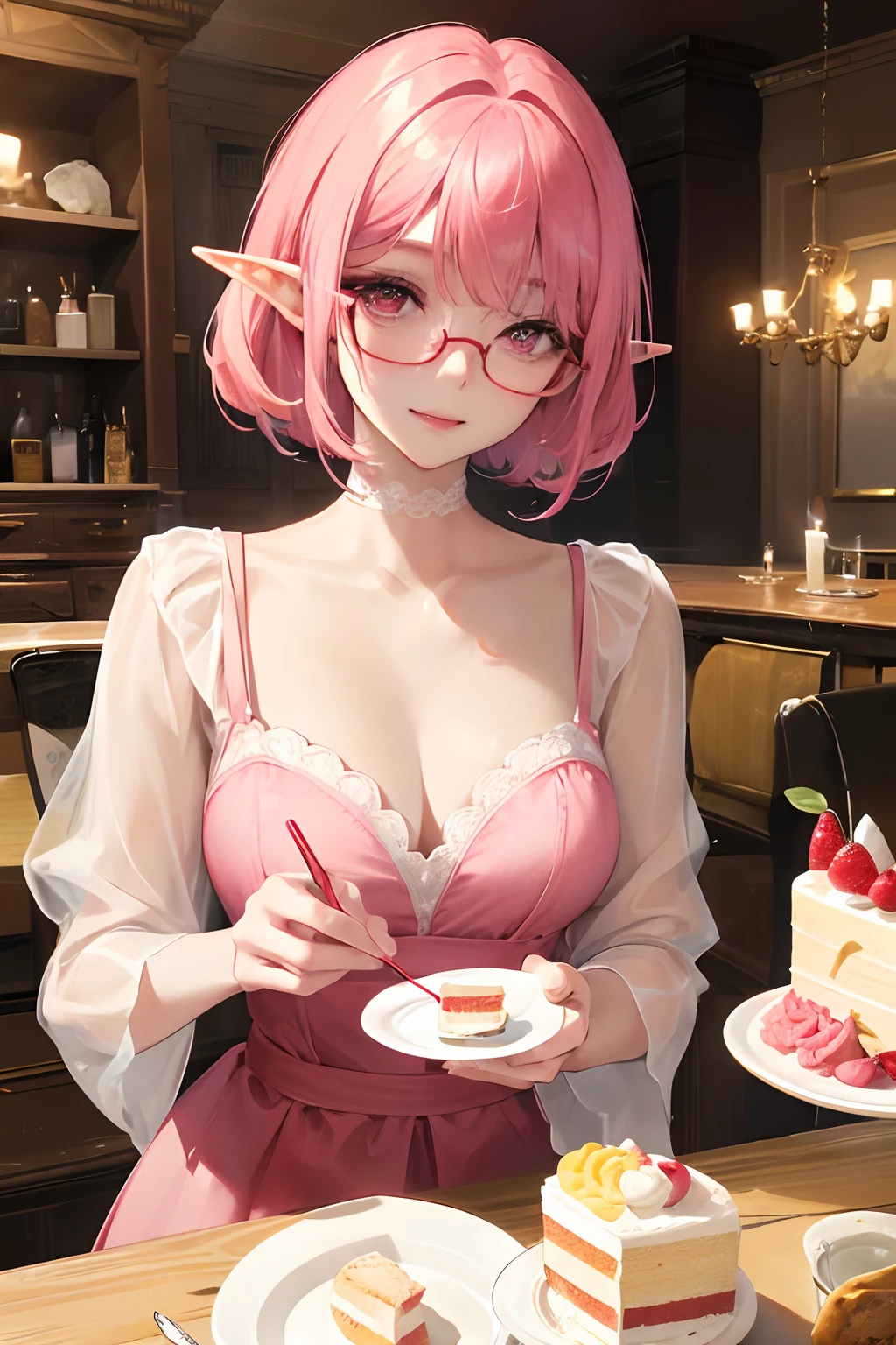 ​masterpiece、top-quality、Ultra Detail、beautiful  lighting、１girl with、22year old、working adults、Adults、Red glasses(((Red glasses)))、Pink Sarah Outfit、White Dress、girl with、AS-Adult、Adult features、adult lady、Beautie、A smile、（cute smile face：1、1）、（shiny lip：1.1）、（beautidful eyes：1.1）、Wonderful mouth closed hair、short-hair、bob cuts、Pink hair、Red glasses、Pink eyes、elf-ears、、Well-formed face、Colossal tits、Smiling a little、masutepiece、Best Quality、High resolution、1girl in、Cowboy Shot、From Side、Looking at Viewer、city、Sunlight、Sunny、pale skin、Curve、Blunt bangs、lightsmile、Fingernails、Walking、Looking at Viewer、chee、Birthday、livingroom、Birthday Cake、stick out your lips、Blow out the candle fire on the cake、There is a gift box、