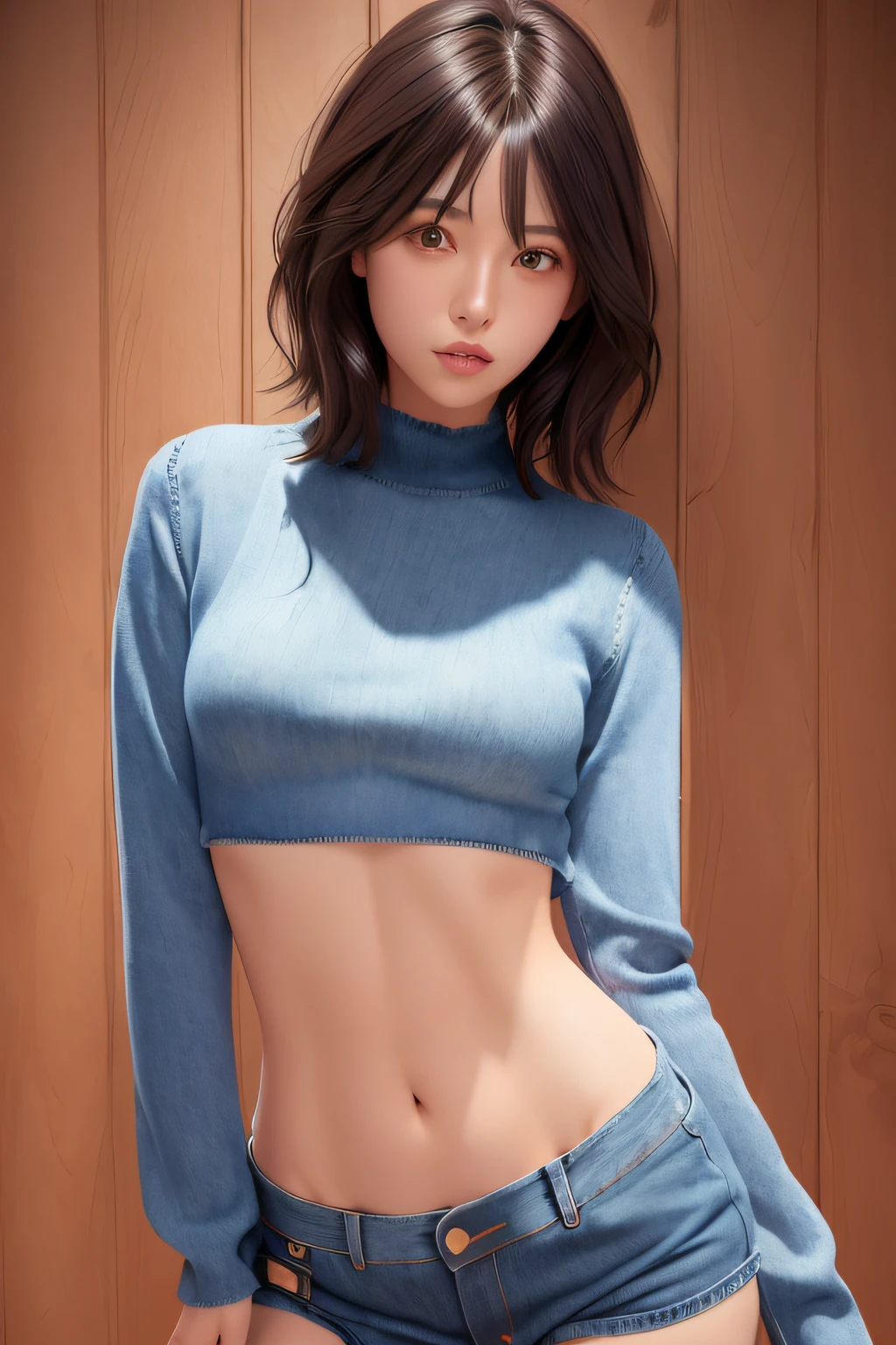 (masuter piece:1.3)、(8K、Photorealsitic、Raw photography、top-quality: 1.4)、(1girl in)、beautiful countenance、(Lifelike face)、(A dark-haired、short-hair:1.3)、
Beautiful hairstyle、realisticeyes、Beautiful details、（real looking skin）、Beautiful skins、absurderes、enticing、超A high resolution、A hyper-realistic、high-detail、the golden ratio、
((wide open abdomen))、((open abdomen))、((wide open navel))、((open navel))、((Mid-Riff Sweater))、((Ultra-low rise、Denim shorts))、
((Navel Ejection))、((small hips))、((long limbs))、((Full body depiction))、((small  hip))、(Ultra-low rise))、((Denim shorts))、((is standing))、
