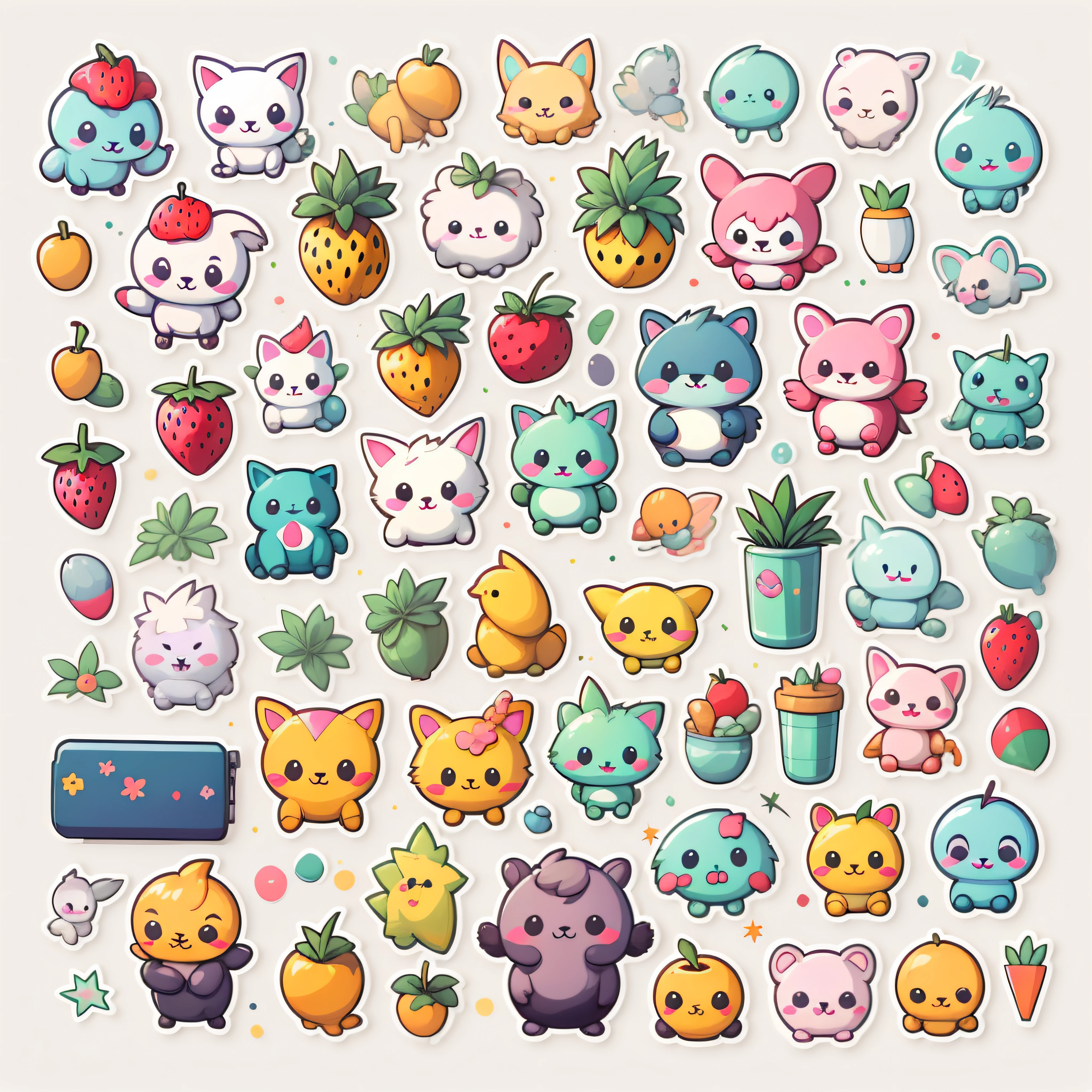 Individual stickers, 1sticker, (cherrie)), white backgrounid, nothing background, simple backgound, dk, adolable, pastel colour, vectorstyle, no gradien,Refinement。Various fruits,All kinds of cute animals