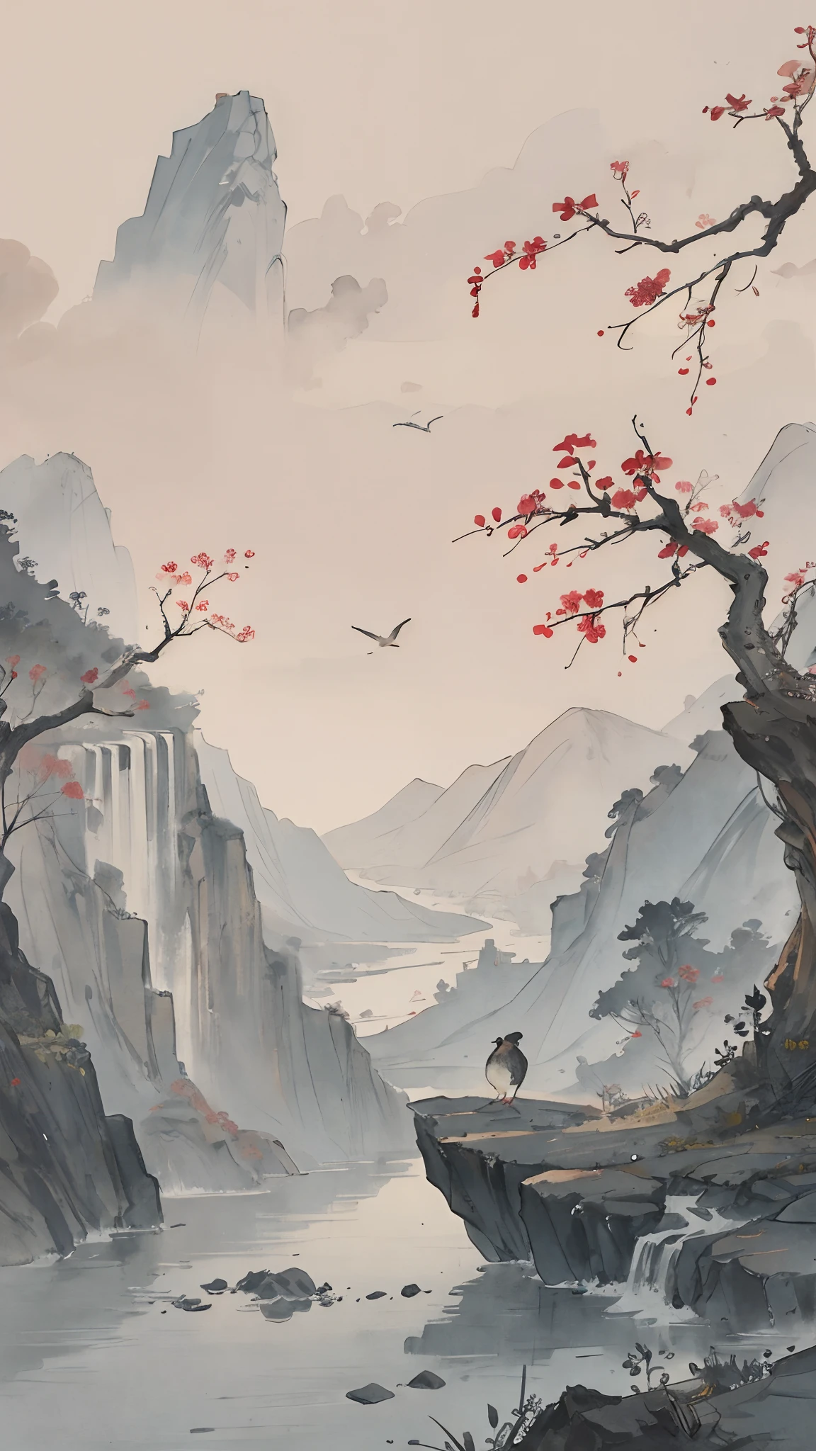 "(picture quality is high+1.5)Two little birds，Falls on a branch，k hd，Scenery and birds account for relatively small，Chinese landscape，Traditional Chinese watercolor，Traditional Chinese painting，China ink painting，peaceful scenery。"