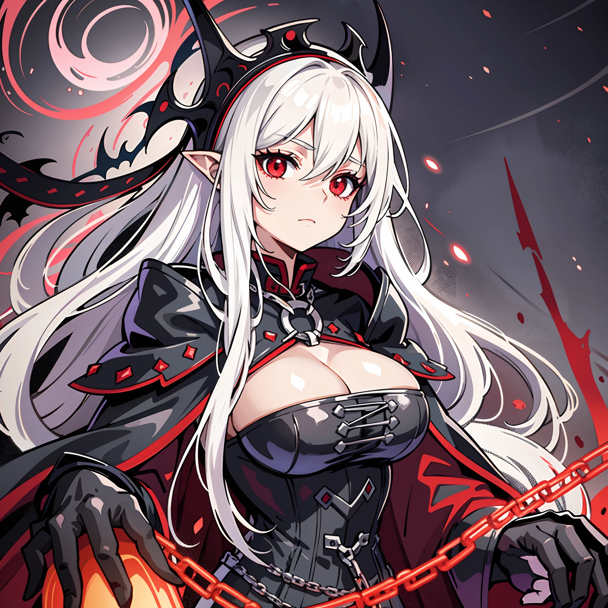 upper body, 1woman, White hair, Long Haired, Red eyes, (Vampire), Chain Collar, Black Long Cape, Dracula tunic, big breats, wallpaper, throne Room background, light particles, hands behind, (masterpiece), best quality, closed-mouth