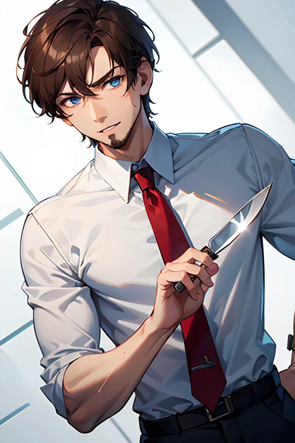 1man, short brown hair, Blue Eyes, white collared shirt, red tie, old, shaved beard, twisted grin, holding knife