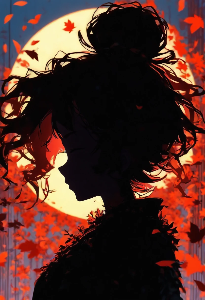 (Silhouette art, incision:1.6) (((arte em papel cortado, A world where only black exists:1.3) (Cowboy shot), 1 girl, Solo, (Hanfu girl, profile:1.2), White, Clear and beautiful face, Little rabbit at your feet、Behind the full moon broke (Colored leaves、amarelo Red:6.1) Textured glass background, masterpiece, ccurate, anatomically correct, high details, best quality, award winning, 8k