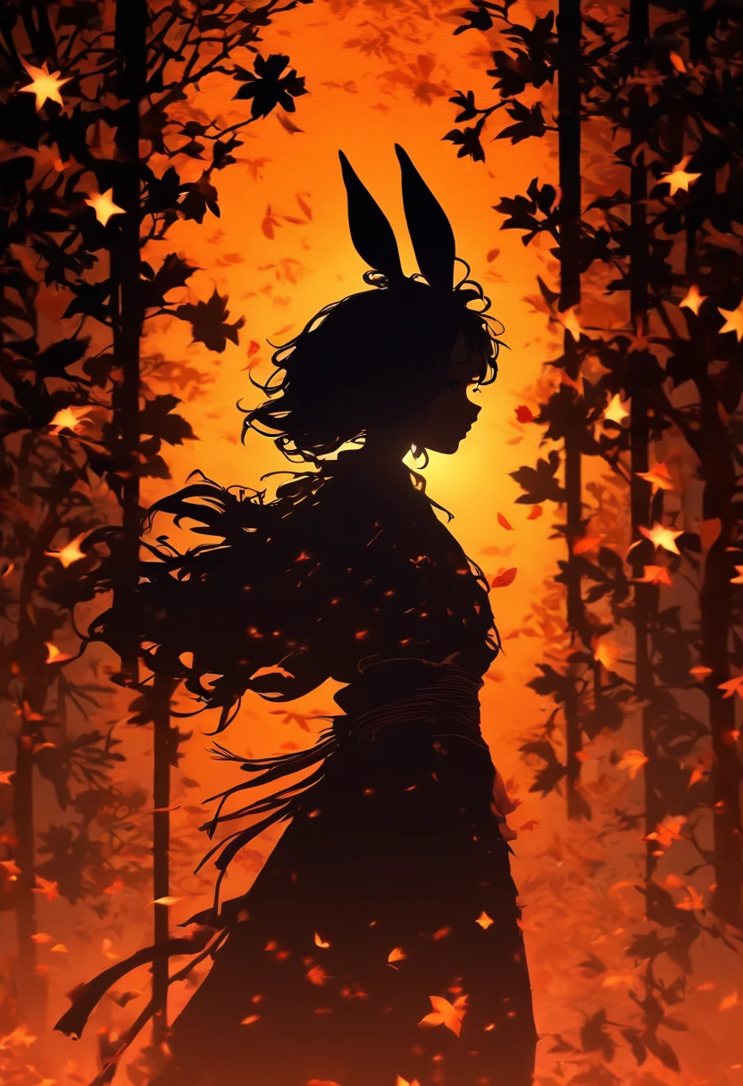 (Silhouette art, incision:1.6) (((arte em papel cortado, A world where only black exists:1.3) (Cowboy shot), 1 girl, Solo, (Hanfu girl, profile:1.2), White, Clear and beautiful face, Little rabbit at your feet、Behind the full moon broke (Colored leaves、amarelo Red:6.1) Textured glass background, masterpiece, ccurate, anatomically correct, high details, best quality, award winning, 8k
