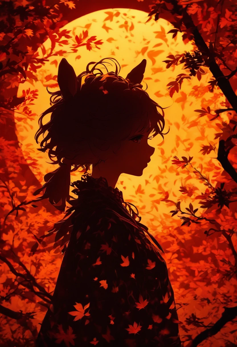 (Silhouette art, incision:1.6) (((arte em papel cortado, A world where only black exists:1.3) (Cowboy shot), 1 girl, Solo, (Hanfu girl, profile:1.2), White, Clear and beautiful face, Little rabbit at your feet、Behind the full moon broke (Colored leaves、amarelo Red:6.1) Textured glass background, masterpiece, ccurate, anatomically correct, high details, best quality, award winning, 8k