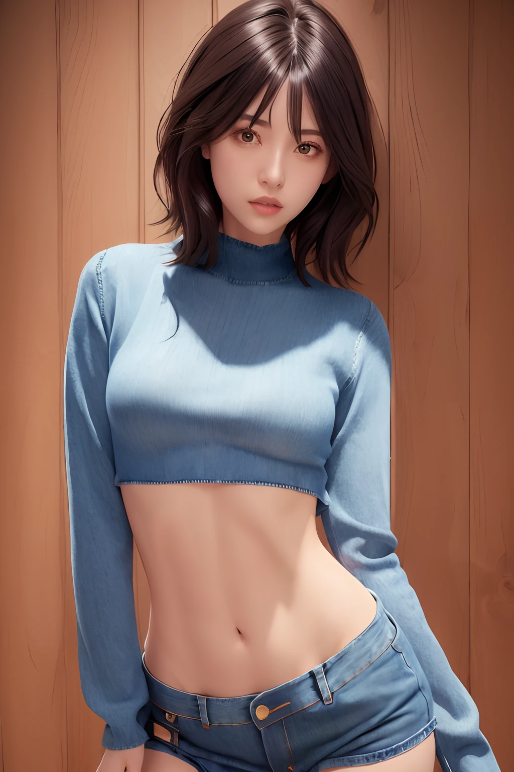 (masuter piece:1.3)、(8K、Photorealsitic、Raw photography、top-quality: 1.4)、(1girl in)、beautiful countenance、(Lifelike face)、(A dark-haired、short-hair:1.3)、
Beautiful hairstyle、realisticeyes、Beautiful details、(real looking skin)、Beautiful skins、absurderes、enticing、超A high resolution、A hyper-realistic、high-detail、the golden ratio、
((wide open abdomen))、((open abdomen))、((wide open navel))、((open navel))、((Mid-Riff Sweater))、((Ultra-low rise、Denim shorts))、
((Navel Ejection))、((small hips))、((long limbs))、((Full body depiction))、((small hip))、(Ultra-low rise))、((Denim shorts))、((is standing))、