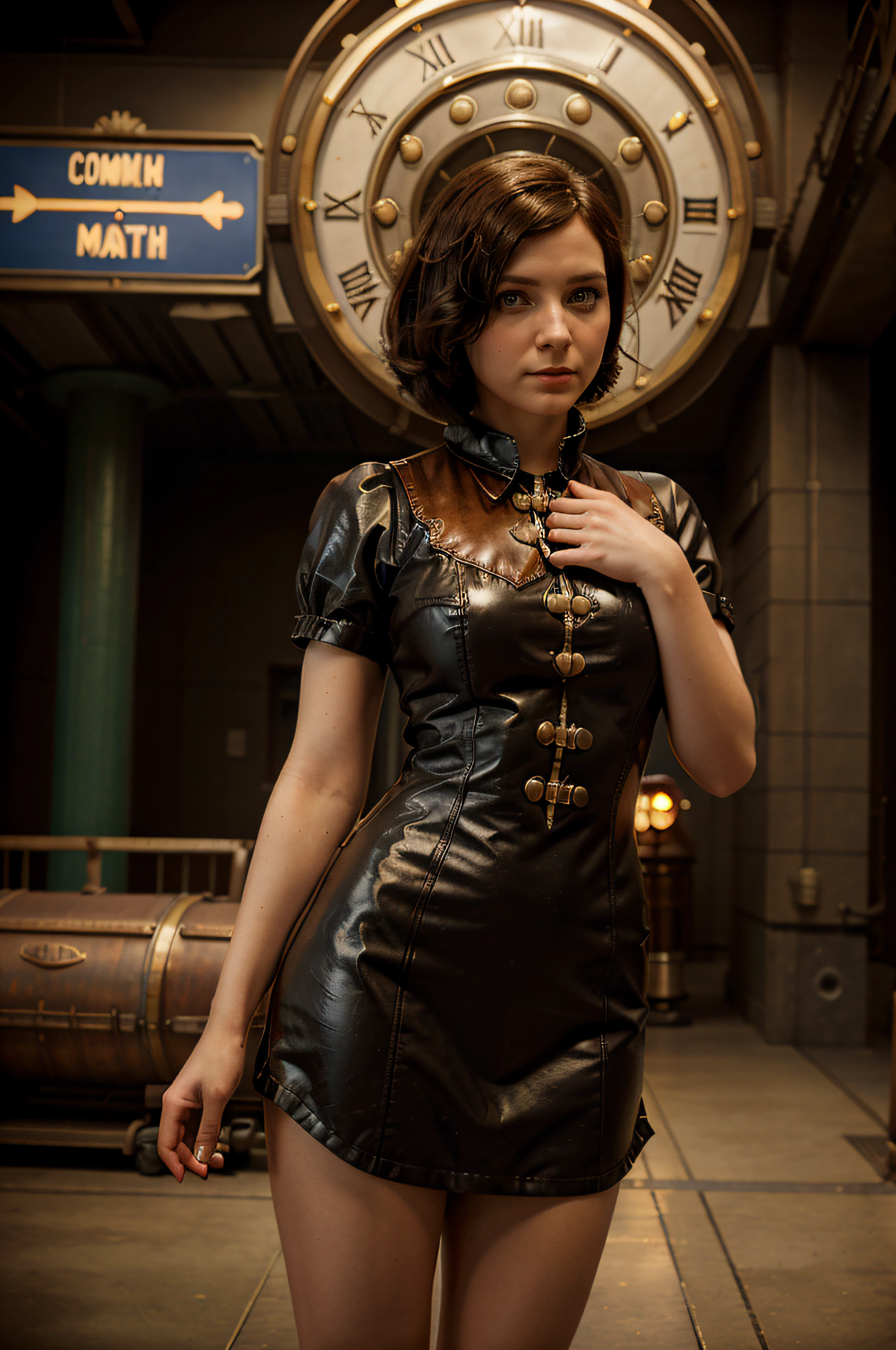 bioshock elizabeth realistic photo, Columbia utopian cloud city background, sharp focus on elizabeth, retro futurism, bioshock infinite, character, real life, realistic image of Elizabeth bioshock 3, full body view, comforting color pellet, knee to head, third person, looking at viewer, big eyes, (outdoor)