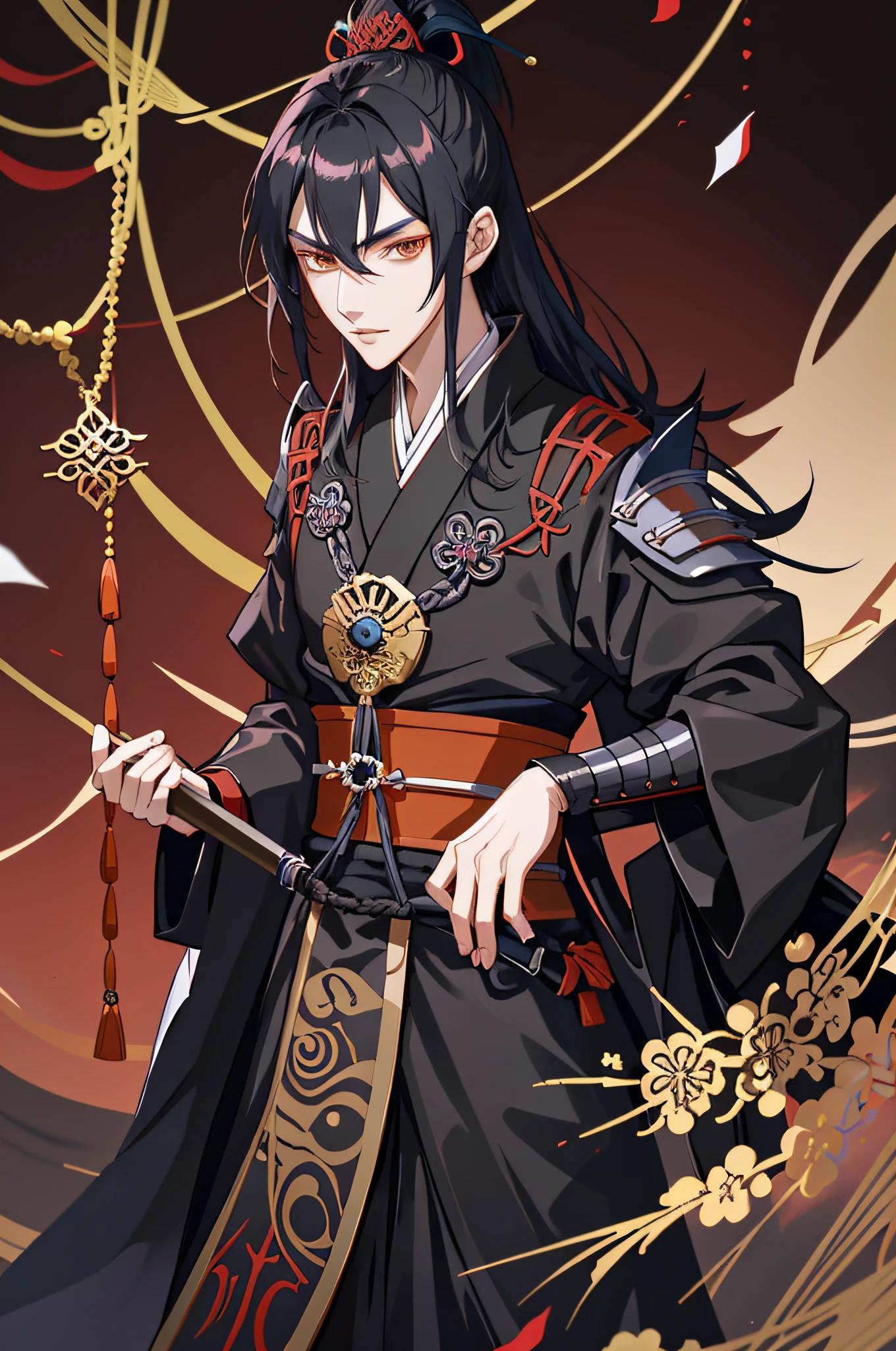 Anime - Stilbild eines Mannes mit schwarzen Haaren und schwarz roten Outfit, Kamiochi Orochi von Onmyoji, Handsome guy in demon slayer art, Taisho Roman, handsome androgynous prince, Shinkei Susabi, sp susabi, schwarzhaarige Gottheit, anime gutaussehender mann, zarter androgyner Prinz, STARember, guan tian ci fu, Offizielle Kunst, yao