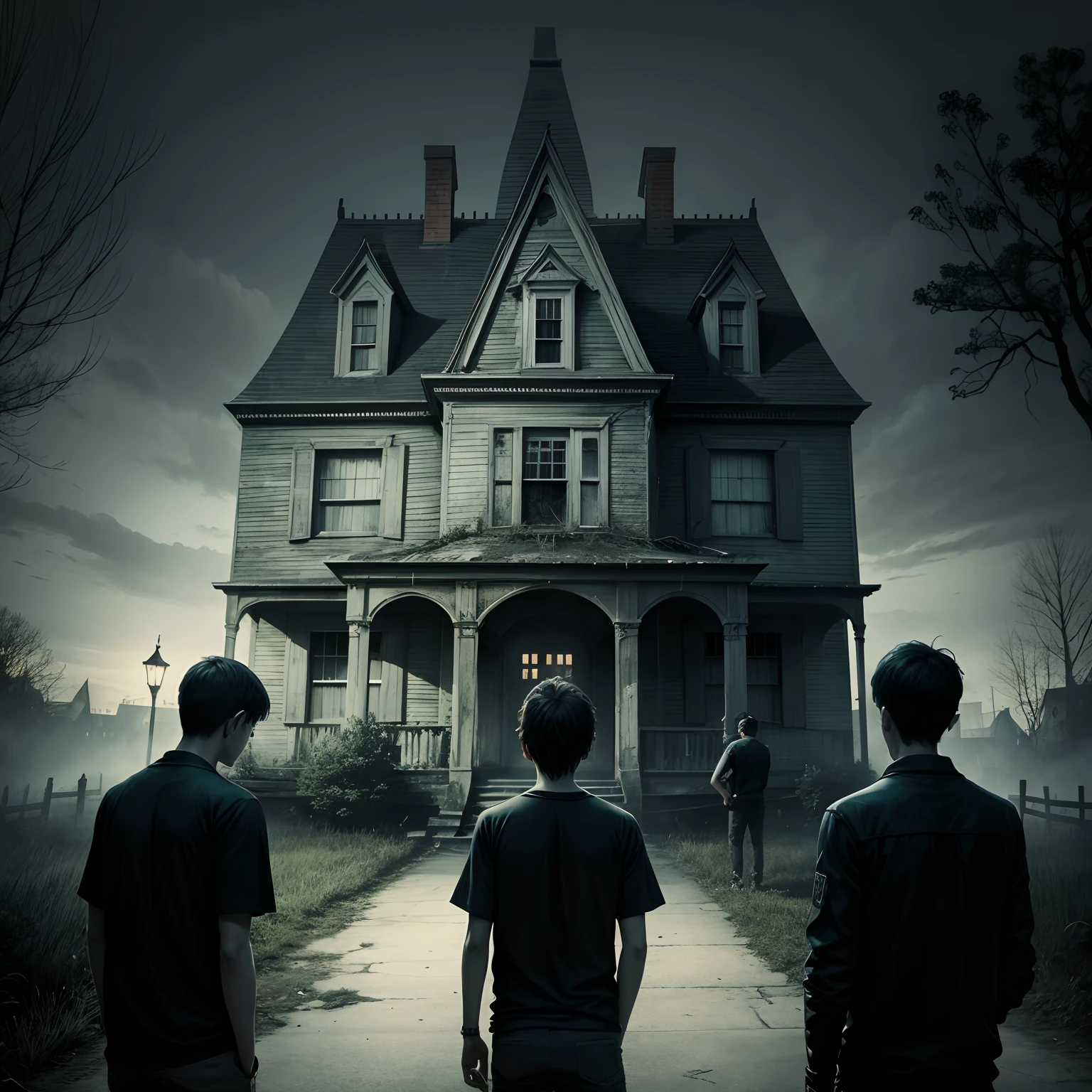 4 boys stand in front of haunted house,dark, night, horror