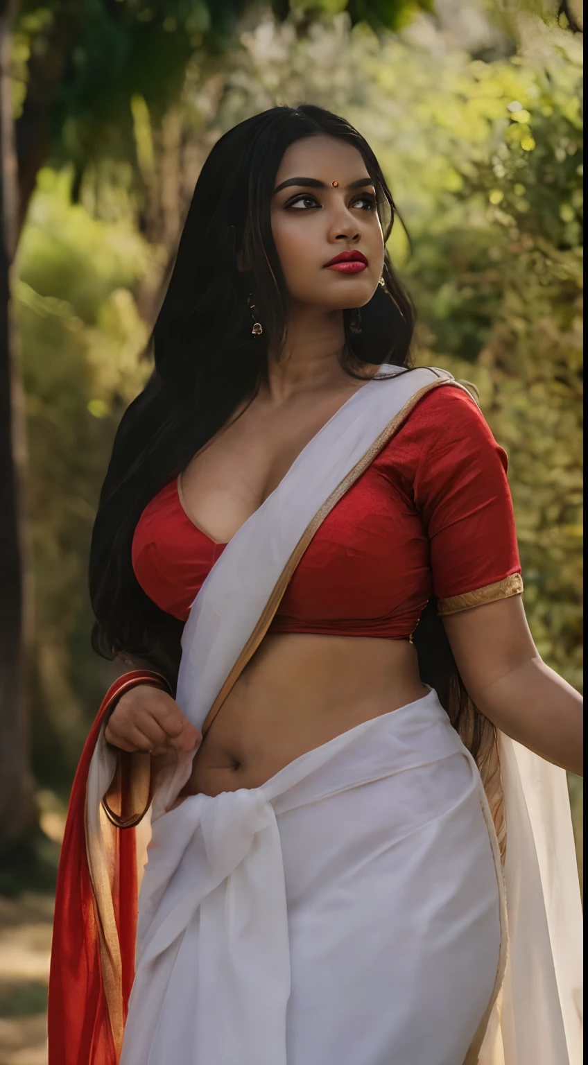 Portrait of a seductive dusky Indian woman with long flowing hair, hazel eyes, with flowing capes, c-cup breast, standing in the park, wearing White silk saree, with focus on breast, perfect composition, hyperrealistic, super detailed, 8k, high quality, trending art, trending on artstation, sharp focus, studio photo, intricate details, highly detailed, art by greg rutkowski, looking at the Camera, lusty look, brown skinned, navel visible, natural makeup, dramatic ligting, red lips, Dusky brown skinned woman, detailed skin texture, seductive look, chubby boddy, Clevage visible, low angle shot, straight looking