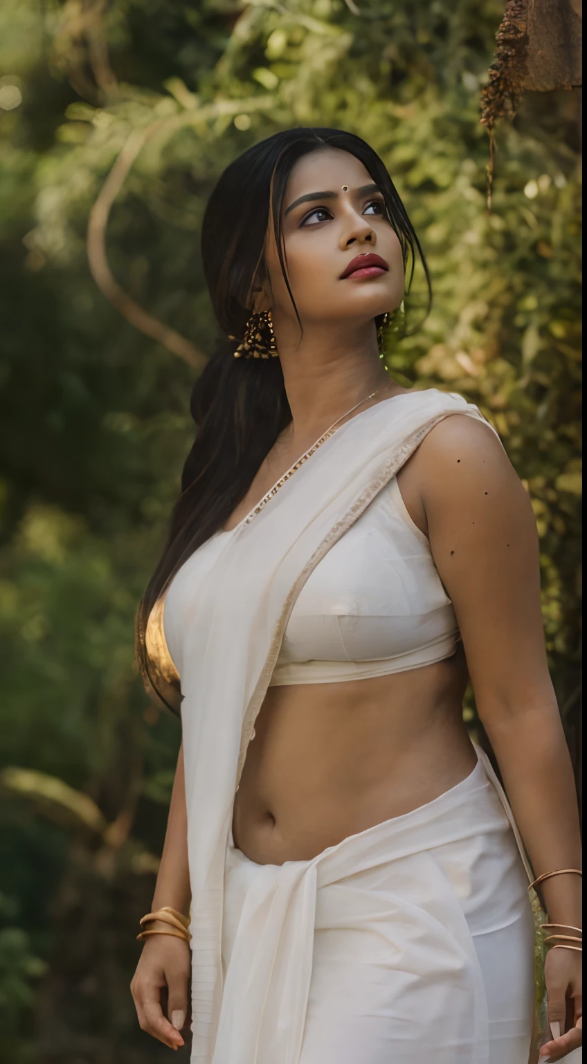 Portrait of a seductive dusky Indian woman with long flowing hair, hazel eyes, with flowing capes, c-cup breast, standing in the park, wearing White silk saree, with focus on breast, perfect composition, hyperrealistic, super detailed, 8k, high quality, trending art, trending on artstation, sharp focus, studio photo, intricate details, highly detailed, art by greg rutkowski, looking at the Camera, lusty look, brown skinned, navel visible, natural makeup, dramatic ligting, red lips, Dusky brown skinned woman, detailed skin texture, seductive look, chubby boddy, Clevage visible, low angle shot, straight looking