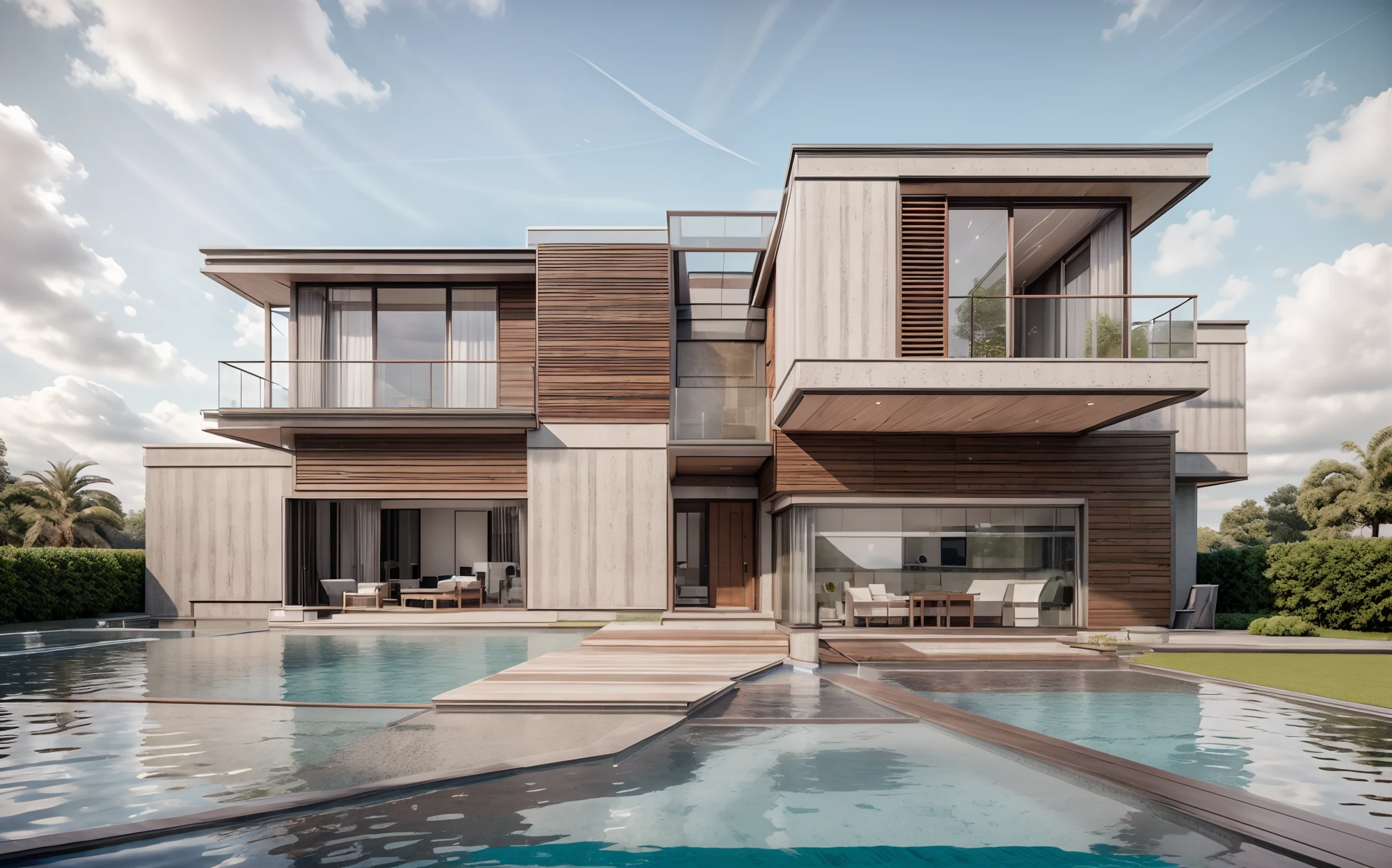 the exterior of the house; garden landscape, a pool with clear water, daytime, realistic, wide angle, (( render vray )), cloudy sky, morning, sunlight, European plants, render, spring light, detailed, modern style, clear image, glasses, high reflection, RAW photo, (high detailed skin:1.2), 8k UHD, DSLR, soft lighting, high quality, film grain, Fujifilm XT3