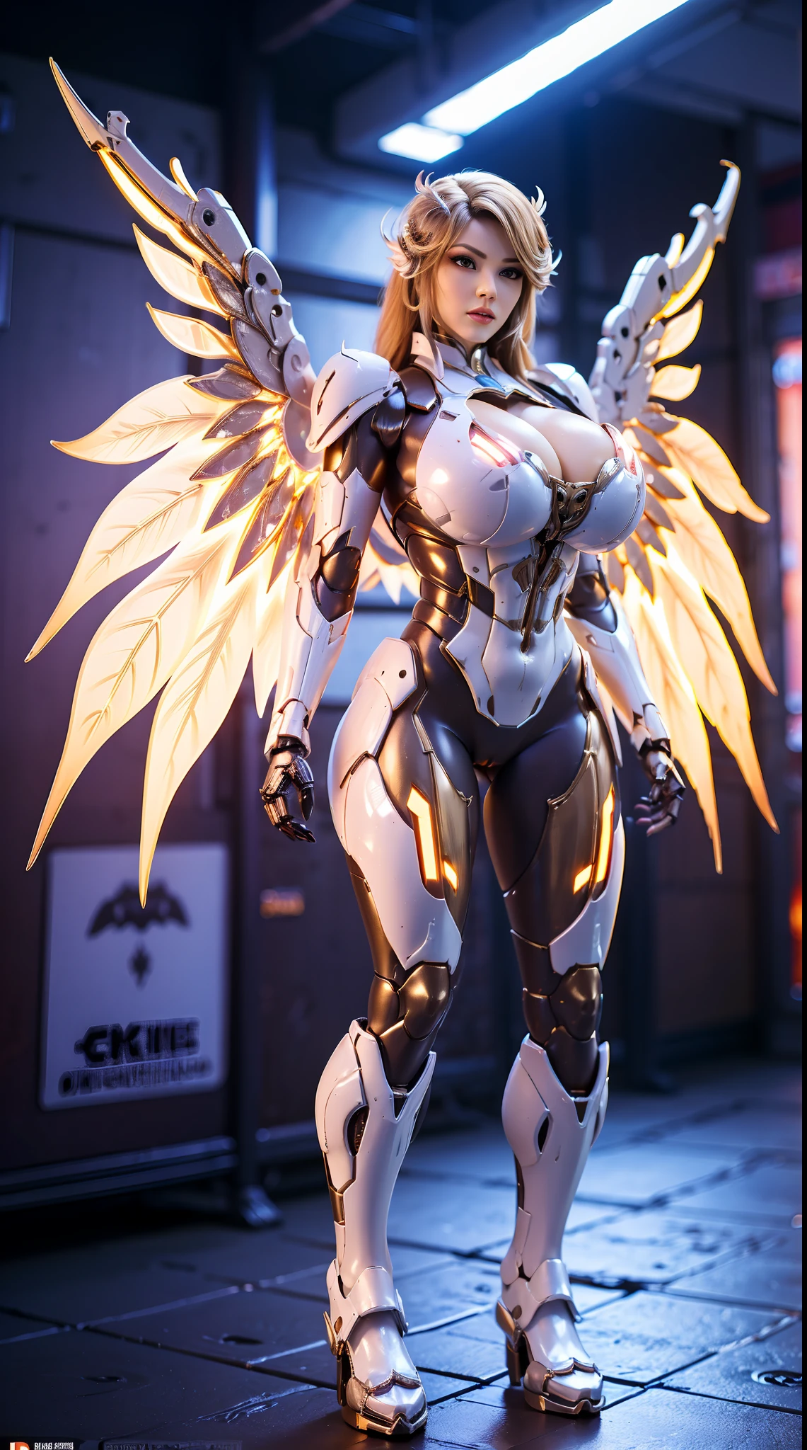 HUGE FAKE BOOBS, (BEAUTIFUL GOLDEN, WHITE), FUTURISTIC PHOENIX ARMOR GEAR, FUTURISTIC MECHA SUIT, (CLEAVAGE), ((LARGEST MECHANICAL PEACOCK WINGS)), (TALL LEGS), FRONT, (STANDING), SEXY BODY, MUSCLE ABS, UHD, 8K, 1080P.
