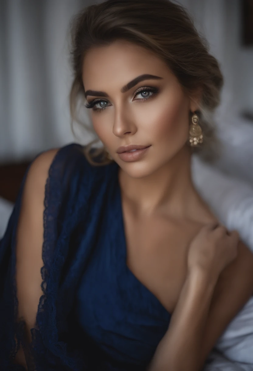 Arafed woman completely , fille sexy aux yeux bleus, ultra realist, Meticulously detailed, Portrait sihem khelifa  journalist algerienne , cheveux blonds et grands yeux, selfie of a young woman, Yeux de chambre, Violet Myers, sans maquillage, maquillage naturel, looking straight at camera, Visage avec Artgram, Maquillage subtil, Great photo of the whole body kneeling on the bed, dans la chambre, Medium to large bust