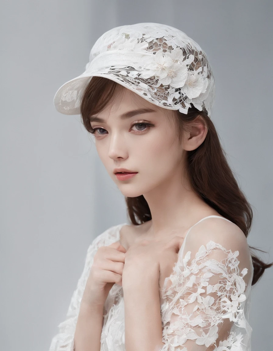 Pretty and very elegant girl wearing a talk cap decorated with white lace flowers. Her entire face is covered with lace. She wears a loose-fitting white lace cocktail dress that hangs over her shoulders. Her skin is very shiny. Her arms are folded、The fingertips of one hand touch her chin. The background is beautiful black. The room is dimly lit.、She is gently illuminated.
Very shallow depth of field、the background is blurred.