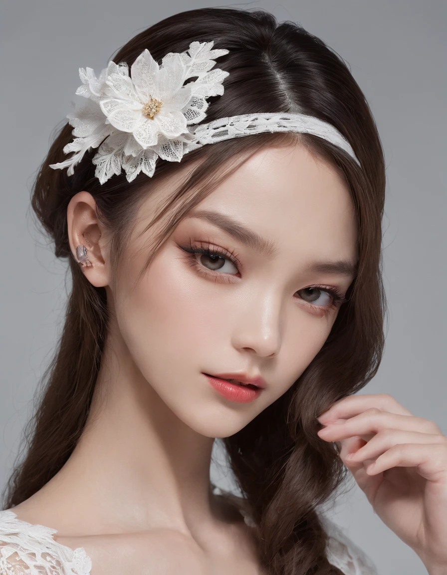 Pretty and very elegant girl wearing a talk cap decorated with white lace flowers. Her entire face is covered with lace. She wears a loose-fitting white lace cocktail dress that hangs over her shoulders. Her skin is very shiny. Her arms are folded、The fingertips of one hand touch her chin. The background is beautiful black. The room is dimly lit.、She is gently illuminated.
Very shallow depth of field、the background is blurred.