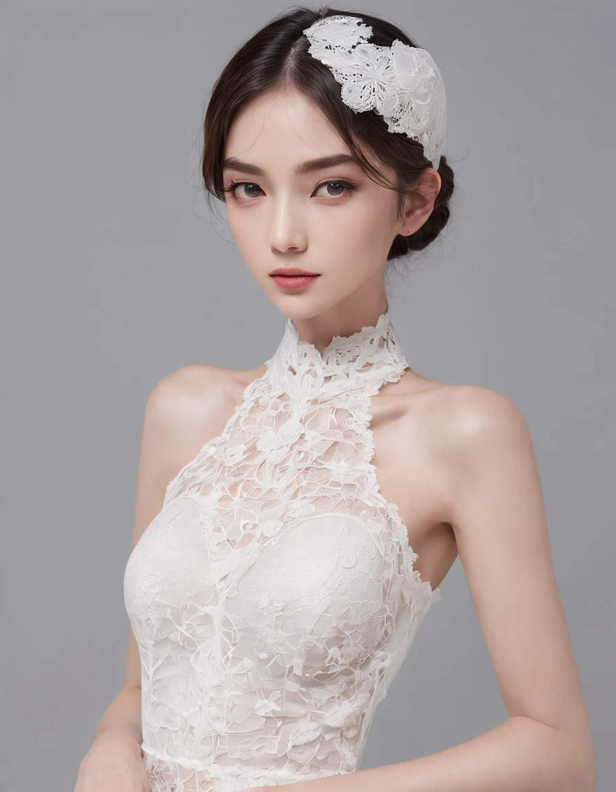 Pretty and very elegant girl wearing a talk cap decorated with white lace flowers. Her entire face is covered with lace. She wears a loose-fitting white lace cocktail dress that hangs over her shoulders. Her skin is very shiny. Her arms are folded、The fingertips of one hand touch her chin. The background is beautiful black. The room is dimly lit.、She is gently illuminated.
Very shallow depth of field、the background is blurred.