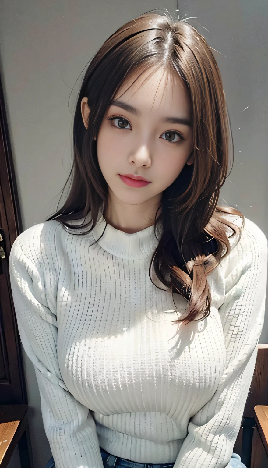 (realistic, photo-realistic:1.37),(8k, RAW photo, best quality, masterpiece:1.2), cute, ultra-detailed, heart-shaped pupils, physically-based rendering, ultra high res, in the morning, 18 years old girl, looking at viewer, photorealistic, realistic, solo, photorealistic, best quality, extremely detailed face, extremely detailed eyes and face, beautiful detailed eyes, haunting smile, ((complete closed mouth)), Messy long hair, floating hair, slender, slender arms, big breasts, (erected nipples), no brassieres, pure white summer sweater, cowboy shot,