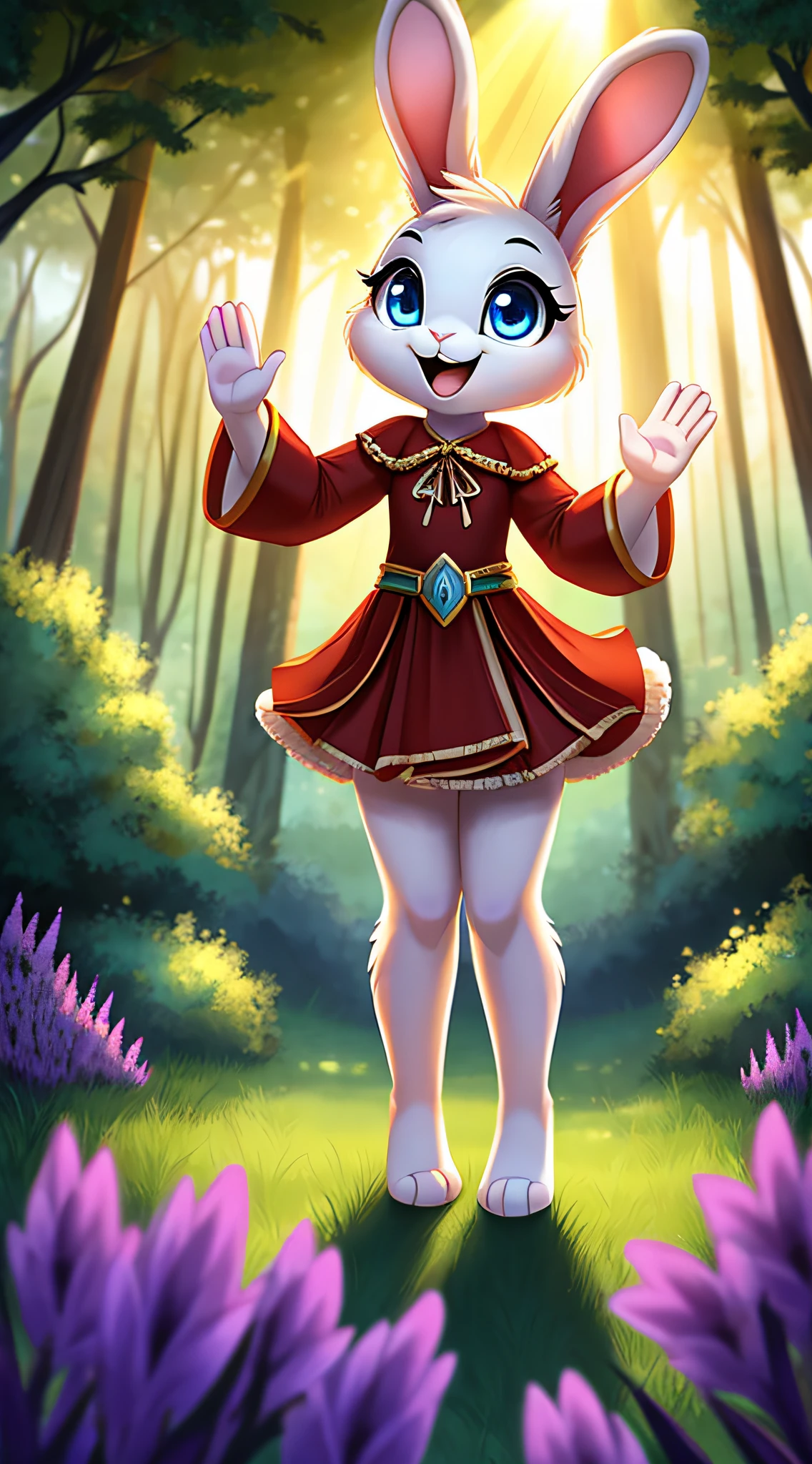 zoomed out image, fantasy style art, cute, adorable, short character, small, tiny little fluffy female white bunny with blue eyes, 4 ears, 2 extra ears, big floppy ears, long ears, ears perked up, raised ears, long eyelashes, poofy rabbit tail, wearing a red frilly ribbon red dress, smiling, standing in a forest, big expressive smile, waving hello, one hand raised, one hand down, excited pose, happy to see you, open mouth, wide eyes, excited eyes, excited face, stunning visuals, sunlight coming through the trees, purple flowers scattered in the bushes, digital illustration