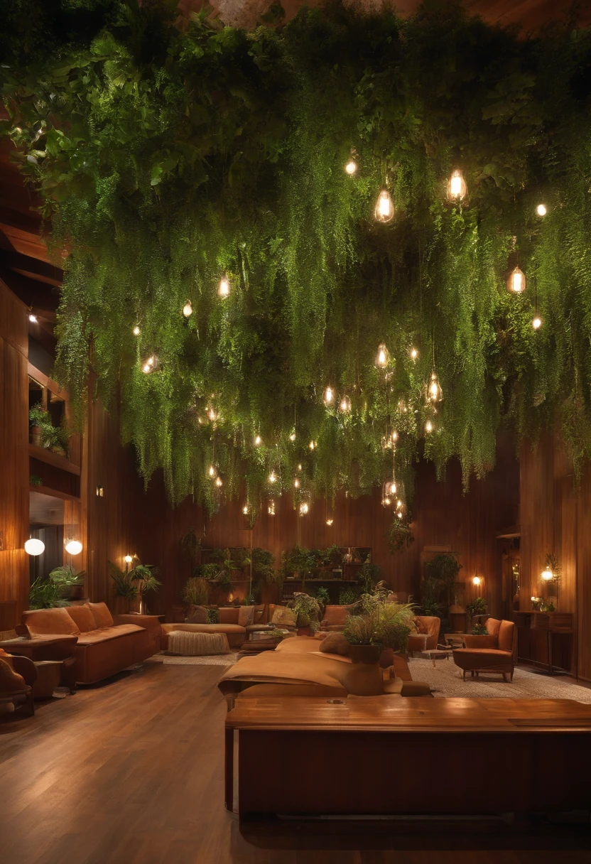 generate a woodne ceiling with hanging plants