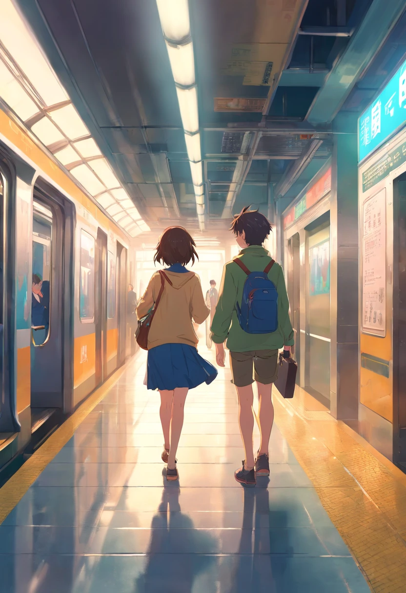 anime characters are walking through a subway station, ( ( makoto shinkai ) ), style of makoto shinkai, centimeters away from my face, makoto shinkai. high detail