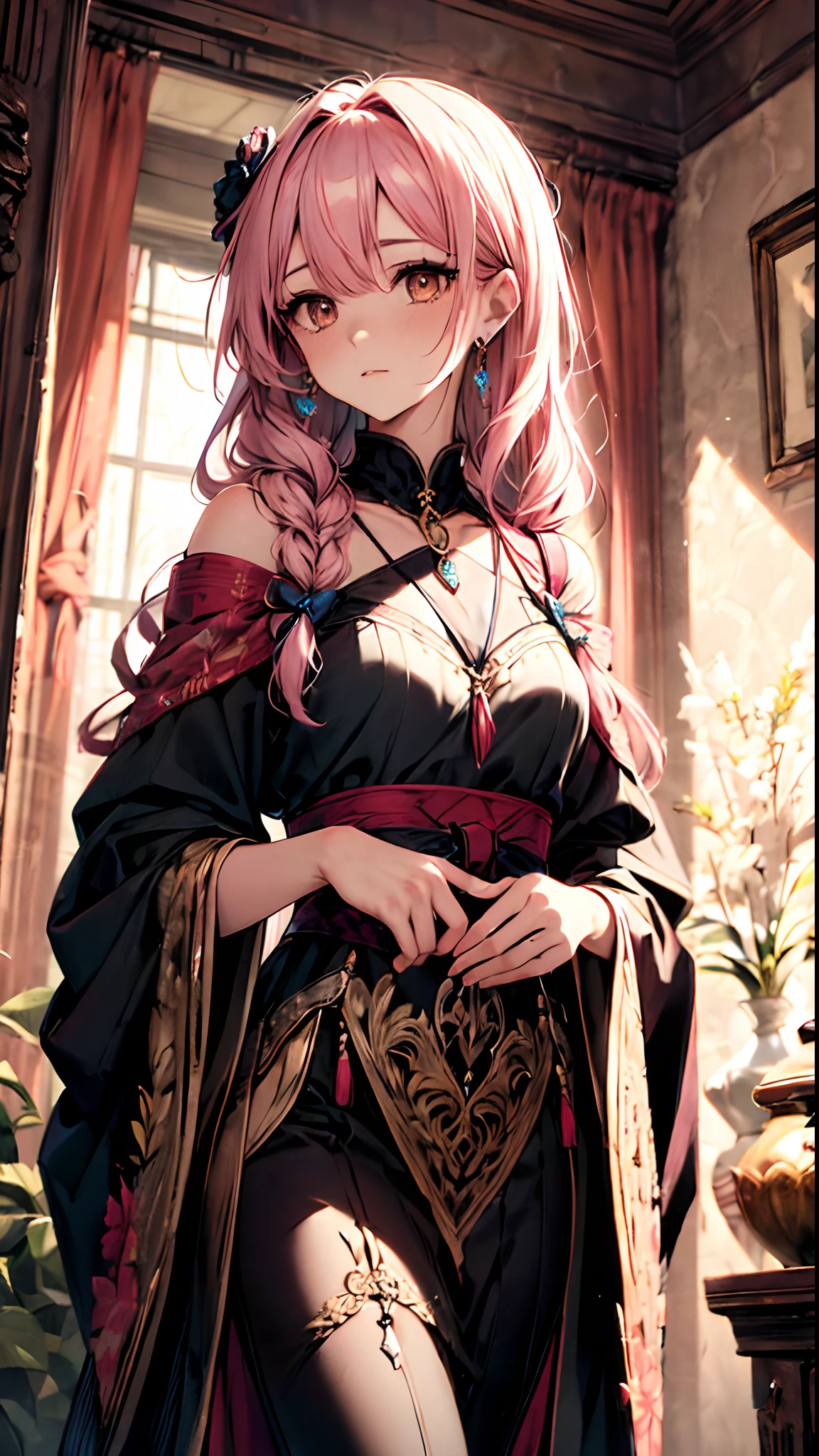 (Best quality, 4K, 8K, A high resolution, Masterpiece:1.2), Ultra-detailed, Noble maiden, Exquisite facial features，Pink curly hair long hair details expressed, Graceful posture, Dreamy atmosphere, expressive brush strokes, mystical ambiance, Artistic interpretation,Delicately coiled hair，Floral jewelry with exquisite details, Crystal diamond jewelry，Small fresh aesthetics，Stunning intricate costumes, Fantasy illustration, Subtle colors and tones, The details have been upgraded