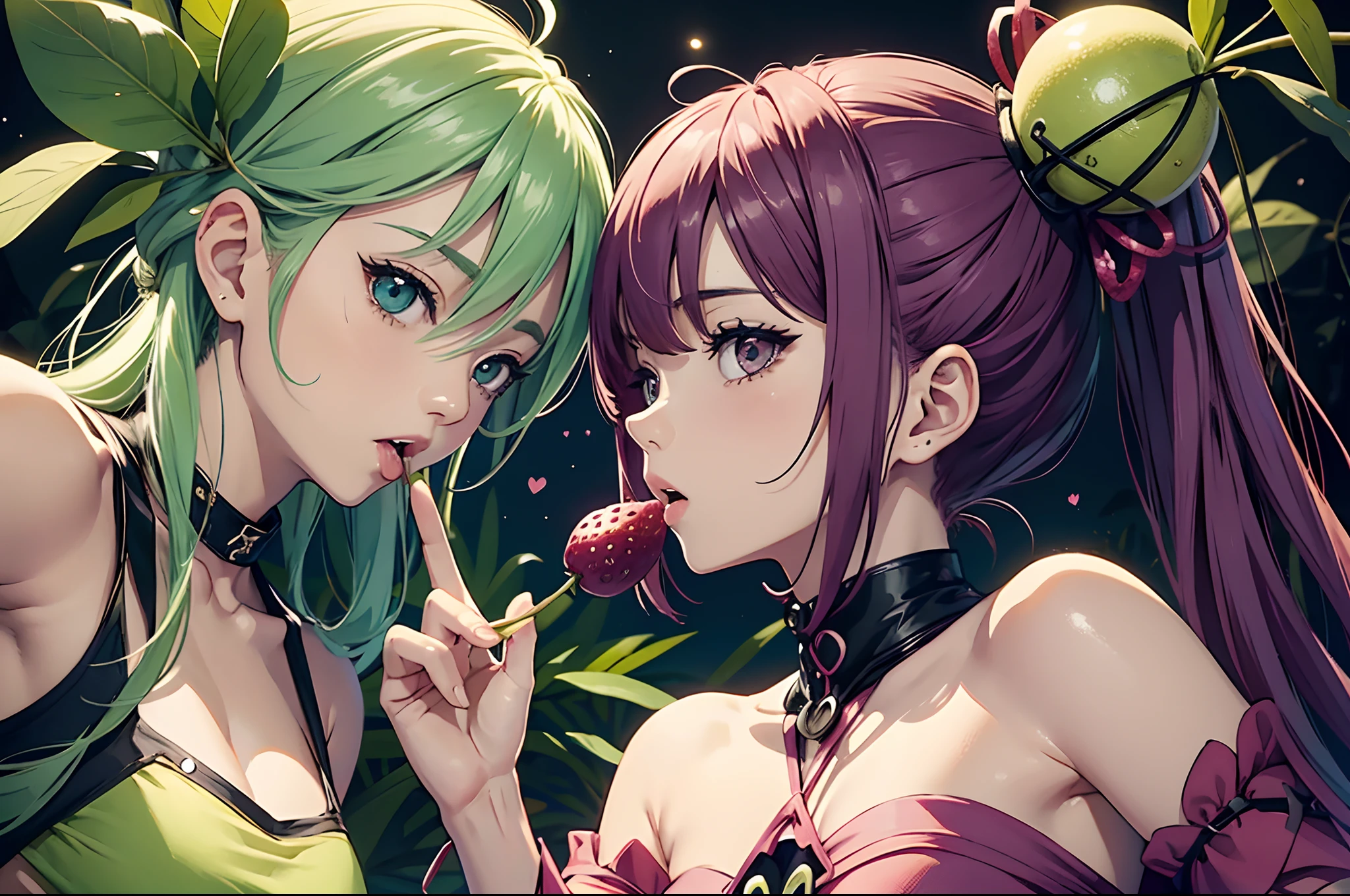 , (2girls:1.3), couple, blonde hair, pink hair, solo, long hair, light green eyes, mascara, makeup, kooking at viewer, collarbone, cleavage, forehead, very long hair, closed mouth, detailed eyes, (close up), gleaming skin, shiny glossy skin,