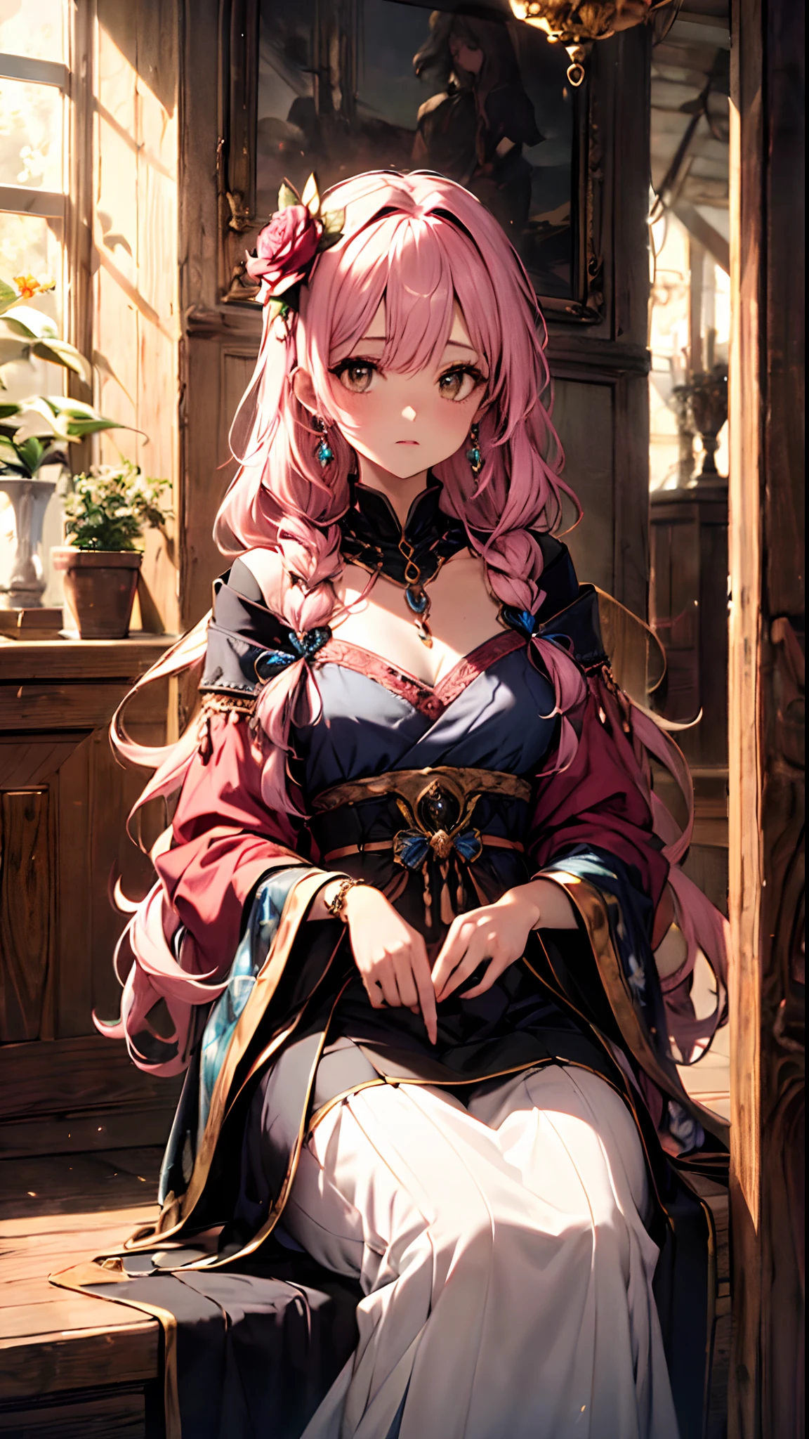 (Best quality, 4K, 8K, A high resolution, Masterpiece:1.2), Ultra-detailed, Noble maiden, Exquisite facial features，Pink curly hair long hair details expressed, Graceful posture, Dreamy atmosphere, expressive brush strokes, mystical ambiance, Artistic interpretation,Delicately coiled hair，Floral jewelry with exquisite details, Crystal diamond jewelry，Small fresh aesthetics，Stunning intricate costumes, Fantasy illustration, Subtle colors and tones, The details have been upgraded