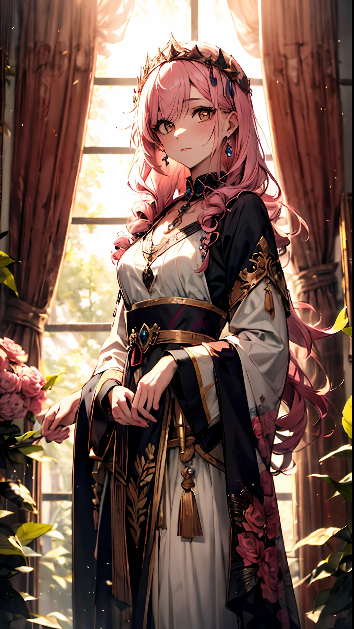 (Best quality, 4K, 8K, A high resolution, Masterpiece:1.2), Ultra-detailed, Noble maiden, Exquisite facial features，Pink curly hair long hair details expressed, Graceful posture, Dreamy atmosphere, expressive brush strokes, mystical ambiance, Artistic interpretation,Delicately coiled hair，Floral jewelry with exquisite details, Crystal diamond jewelry，Small fresh aesthetics，Stunning intricate costumes, Fantasy illustration, Subtle colors and tones, The details have been upgraded