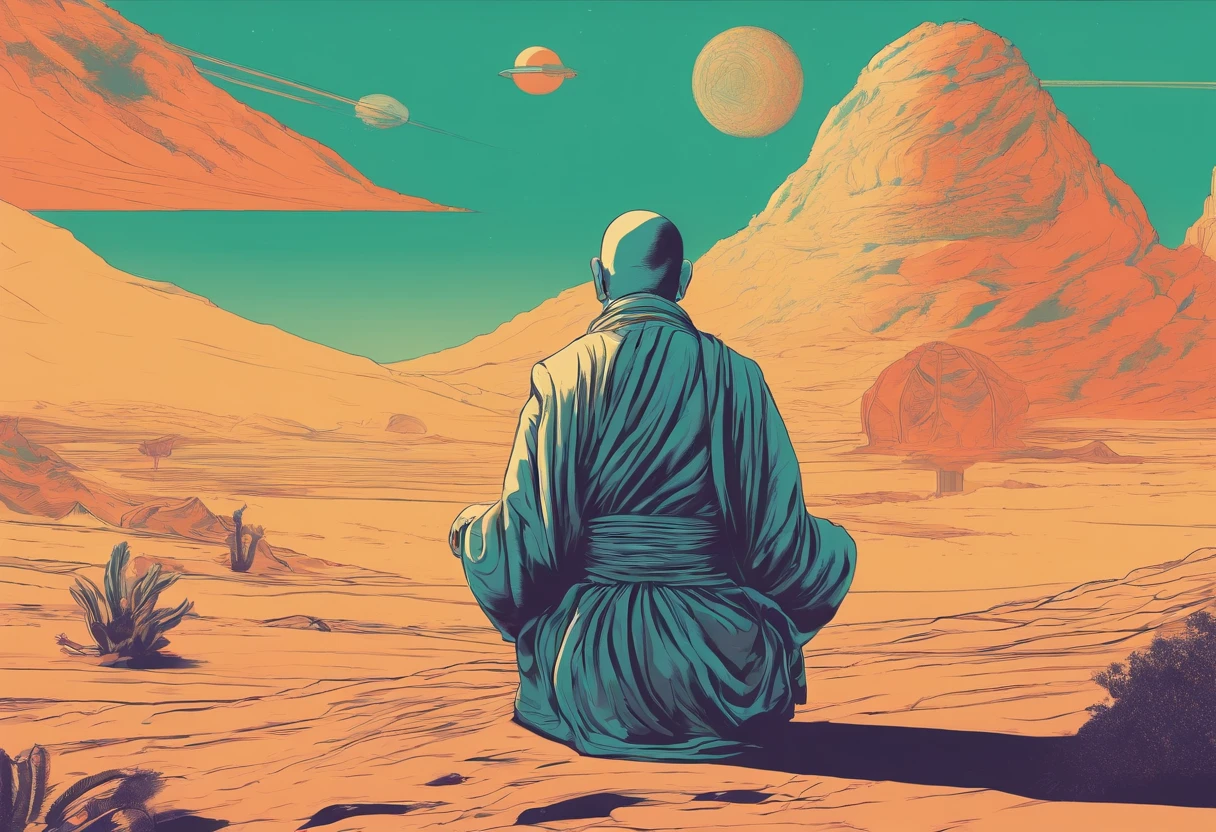 A Buddhist monk praying in desert