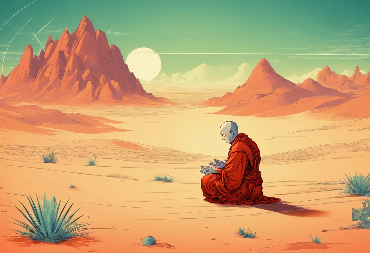 A Buddhist monk praying in desert
