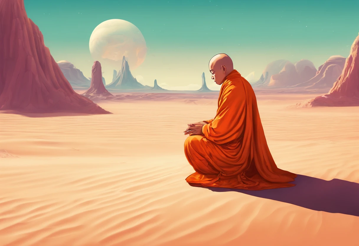 A Buddhist monk praying in desert