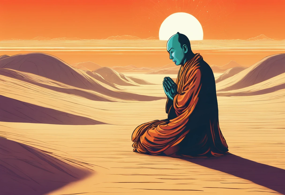 A Buddhist monk praying in desert